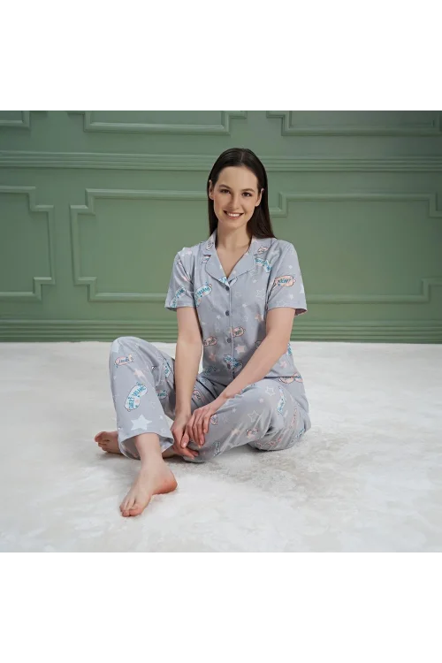 Over Sleep 976 Kadın Kısa Kol Önden Düğme Pijama Takım