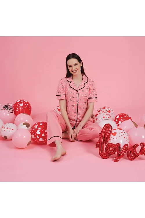 Over Sleep 983 Kadın Kısa Kol Önden Düğme Pijama Takım