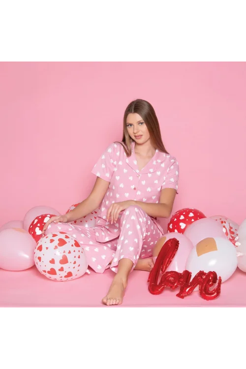 Over Sleep 996 Kadın Kısa Kol Önden Düğme Pijama Takım