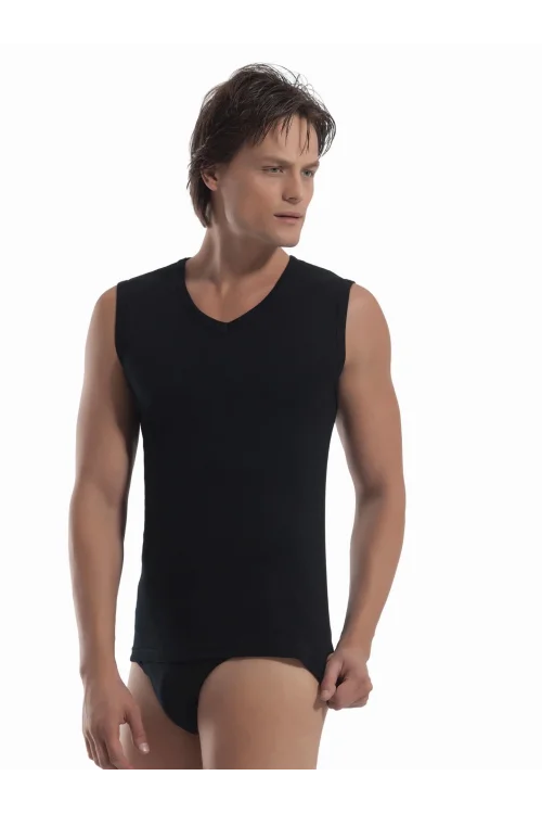 Öztaş 1057 Erkek Kolsuz Siyah Ribana V-Yaka Atlet