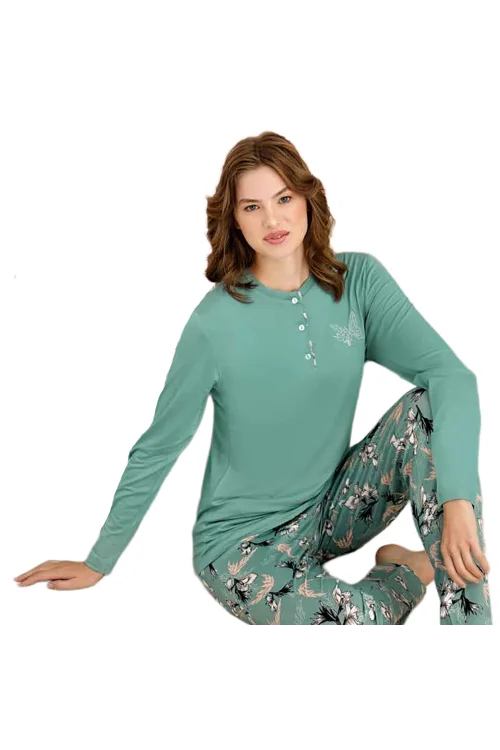 Rozalinda 3923 Kadın Kışlık Ön Üç Düğmeli O-Yaka Büyük Beden Pijama Takım