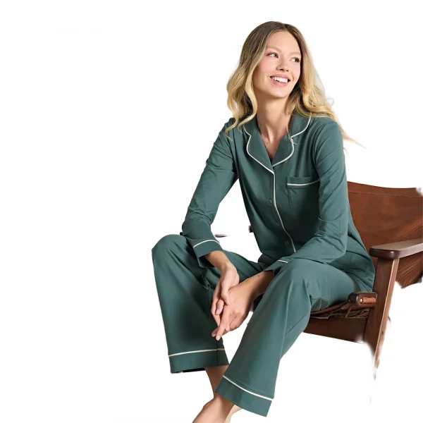 Over Sleep 3103 Kadın Kışlık Ön Düğmeli Uzun Kollu V-Yaka Yeşil Pijama Takımı