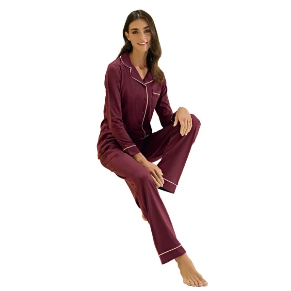 Over Sleep 3304 Kadın Uzun Kol Modal Önden Düğmeli Pijama Takım (M-L-XL-XXL)