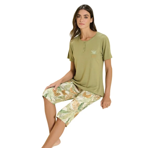 Over Sleep 3369 Kadın Yazlık Viskon Büyük Beden Kapri Pijama Takım (L-XL-2XL-3XL)
