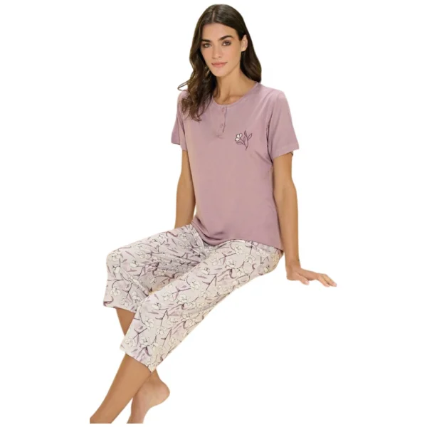 Over Sleep 3371 Kadın Yazlık Viskon Büyük Beden Kapri Pijama Takım (XL-2XL-3XL-4XL)