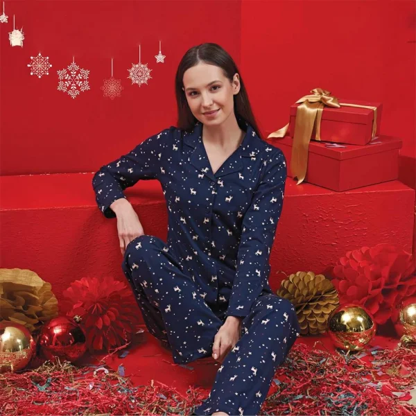 Over Sleep 1606 Kadın Kışlık Yılbaşı Penye Şardonlu Pijama Takım
