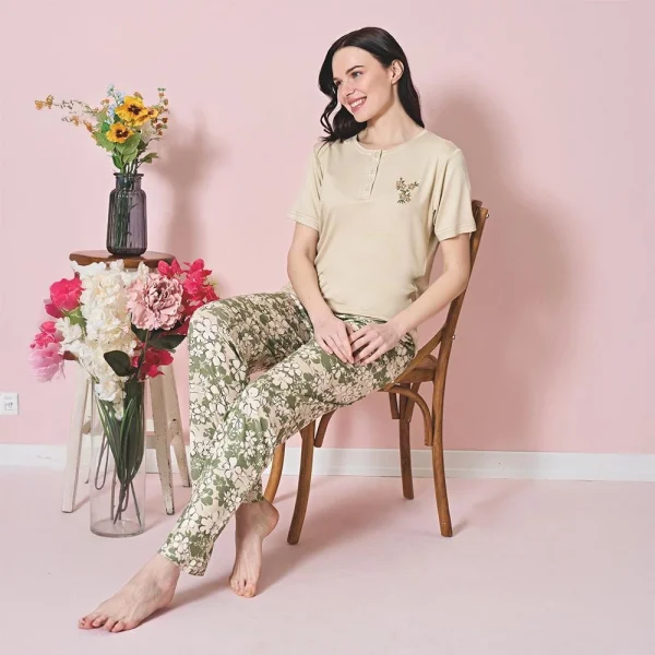 Over Sleep 1827 Kadın Kısa Kol Viskon Yazlık Pijama Takım