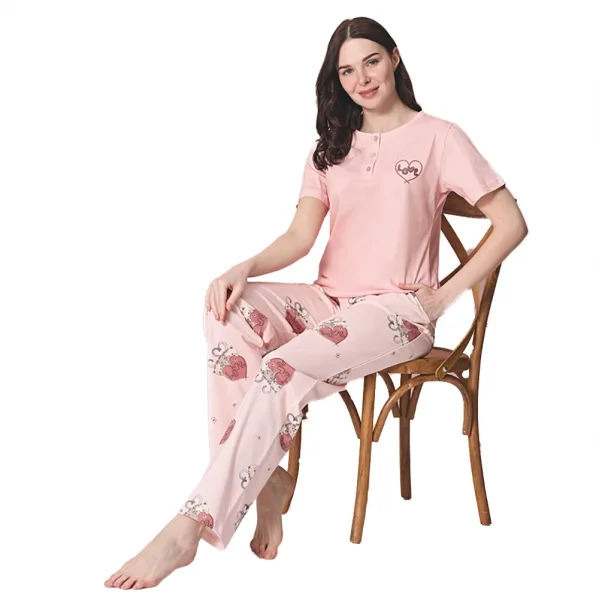 Over Sleep 1868 Kadın Kısa Kol Uzun Alt Yazlık Modal Pijama Takım