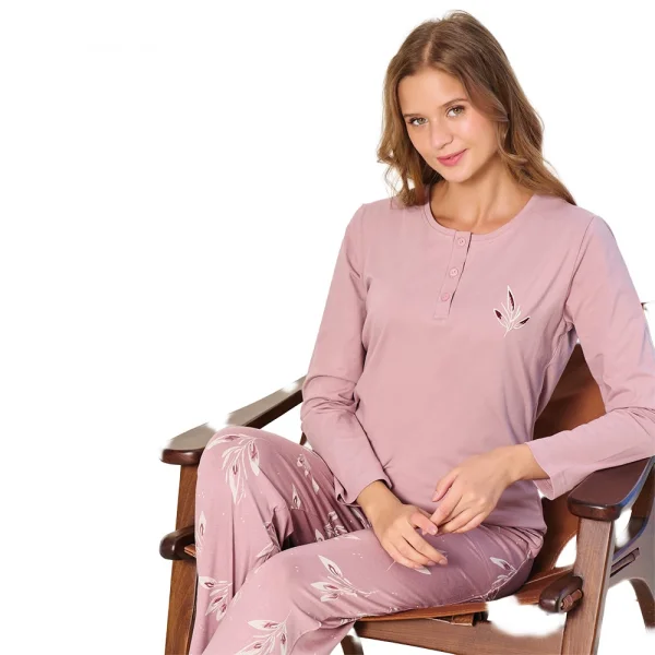 Over Sleep 3138 Kadın Kışlık Likralı Süprem Büyük Beden Önü Üç Düğmeli Pijama Takımı