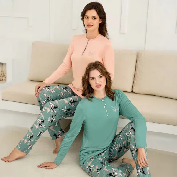 Rozalinda 3923 Kadın Kışlık Ön Üç Düğmeli O-Yaka Büyük Beden Pijama Takım