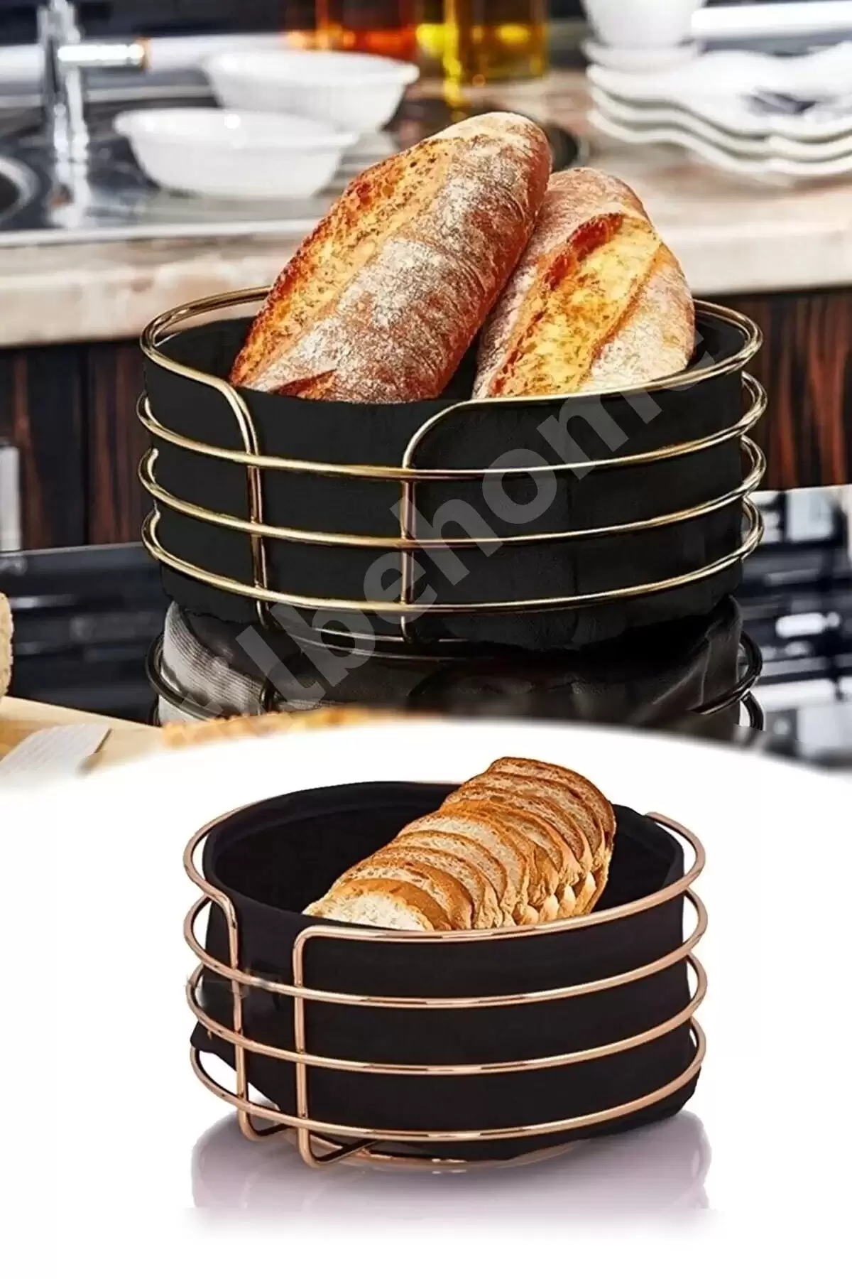 2li Lüx Gold Ekmeklik Paslanmaz Krom Sofra Ekmek Sepeti Ergonomik Şeritli Kutu Yıkanır Siyah Kumaş