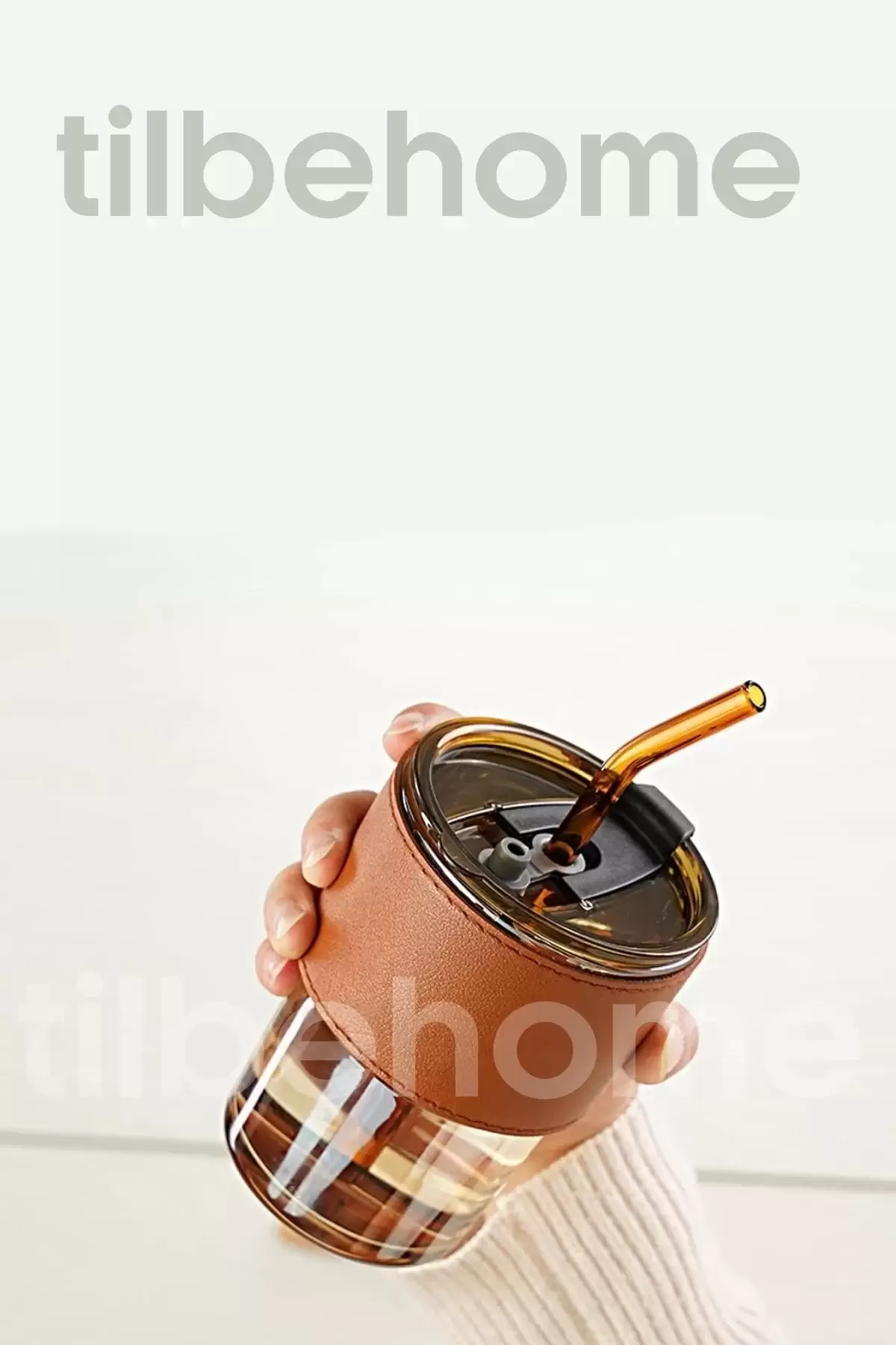2li Retro Stil Bardak 450ml Isıya Dayanıklı Pipetli Deri Şerit Borosilikat Cam Kahve Sunum Bardağı