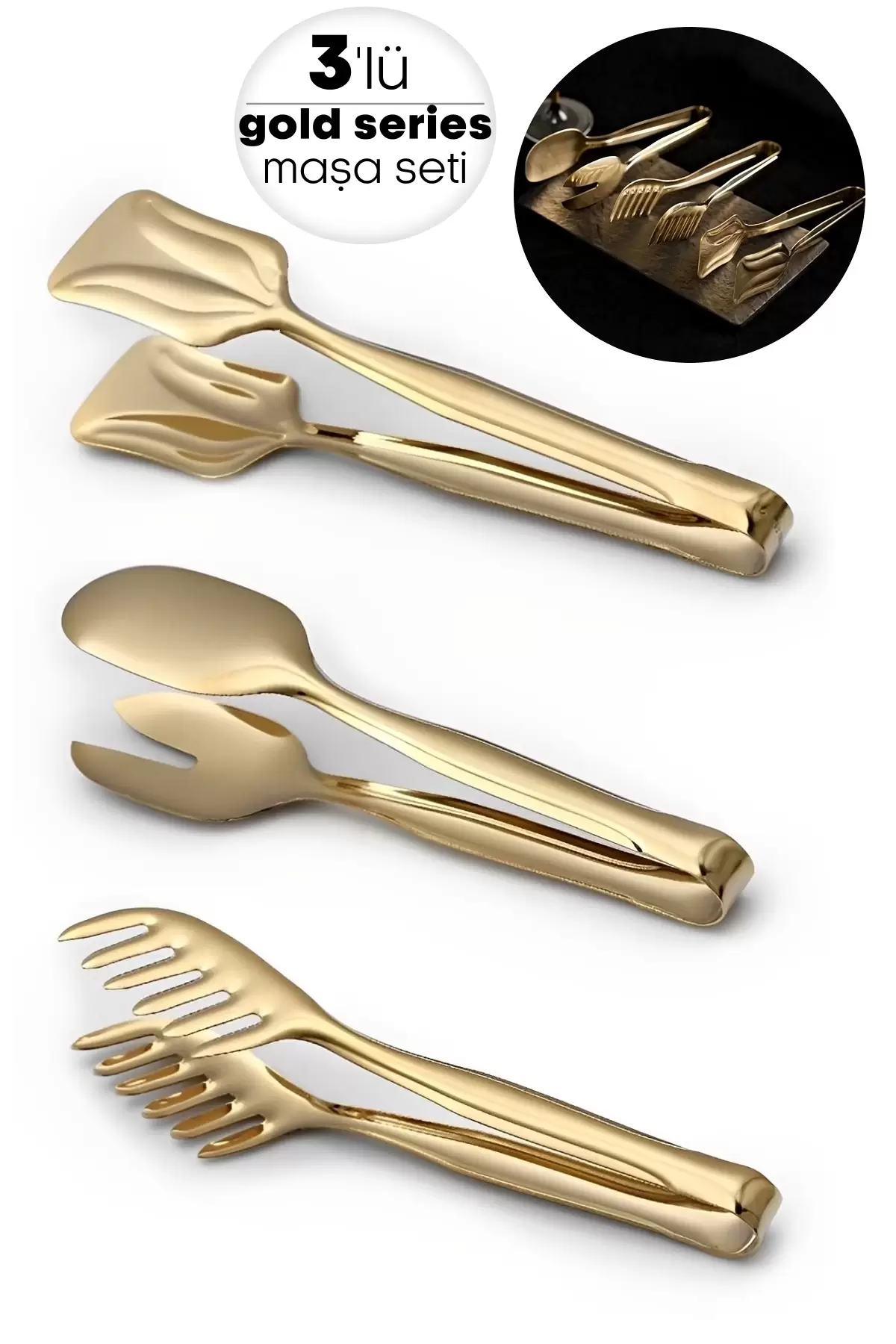 3lü Lüx Gold Serisi Makarna Maşası Pasta Maşası Salata Maşası Çelik Mutfak Servis Sunum Maşa Seti