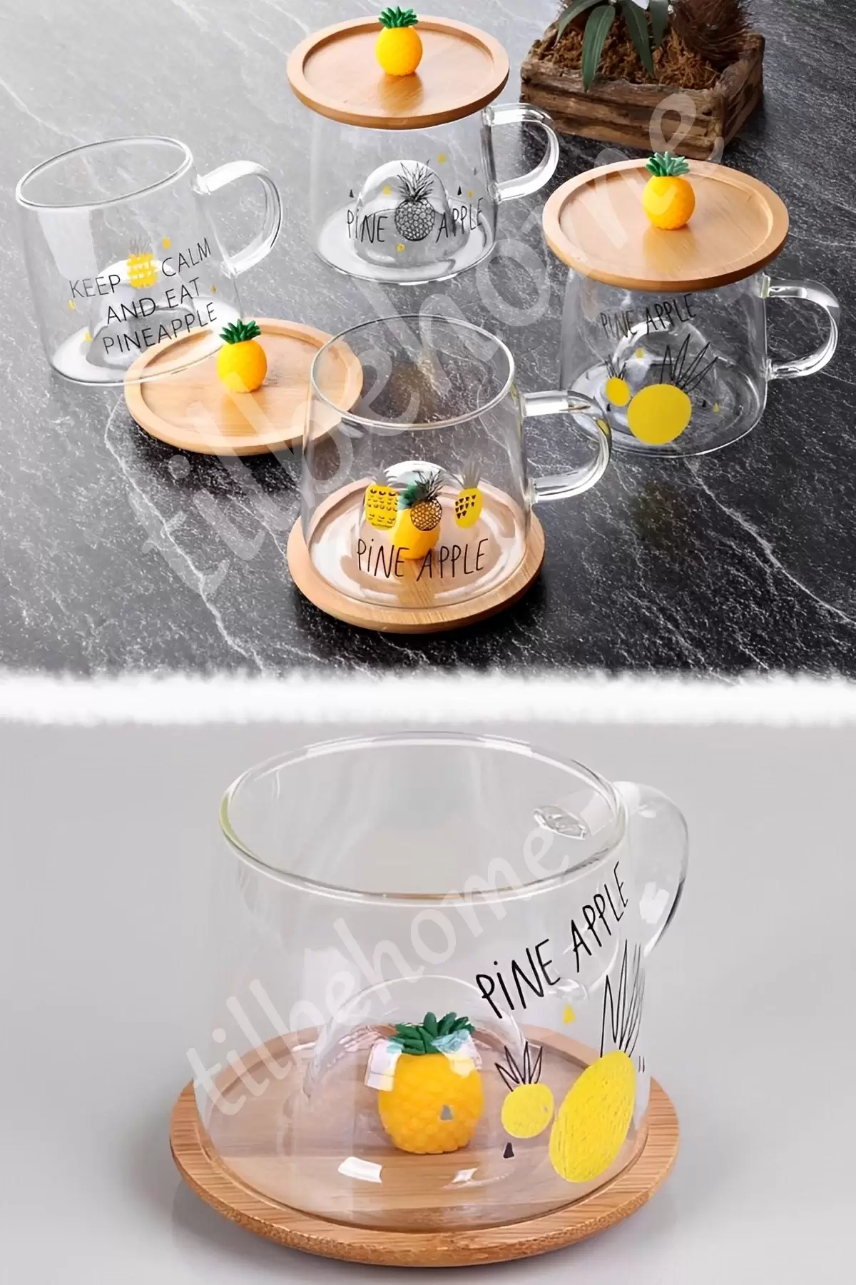 3D Ananas Figürlü Baskılı Sıcak Soğuk Borosilikat Cam Meşrubat Kupası Su Çay Bardağı Bambu Kapaklı