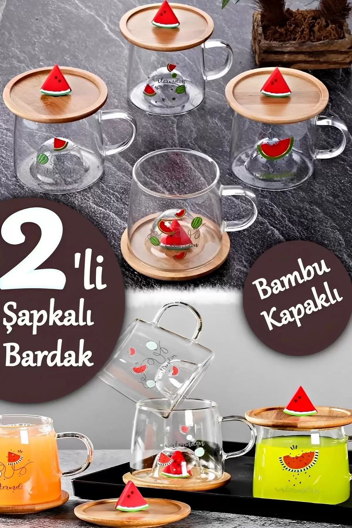 3D Karpuz Figürlü Baskılı Sıcak Soğuk Borosilikat Cam Meşrubat Kupası Su Çay Bardağı Bambu Kapaklı