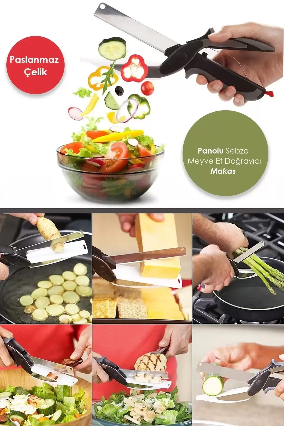 Pratik Düz Kesim Panolu Mutfak Makası Salata Sebze Et Kesme Tahtalı Makaslı Bıçak Clever Cutter