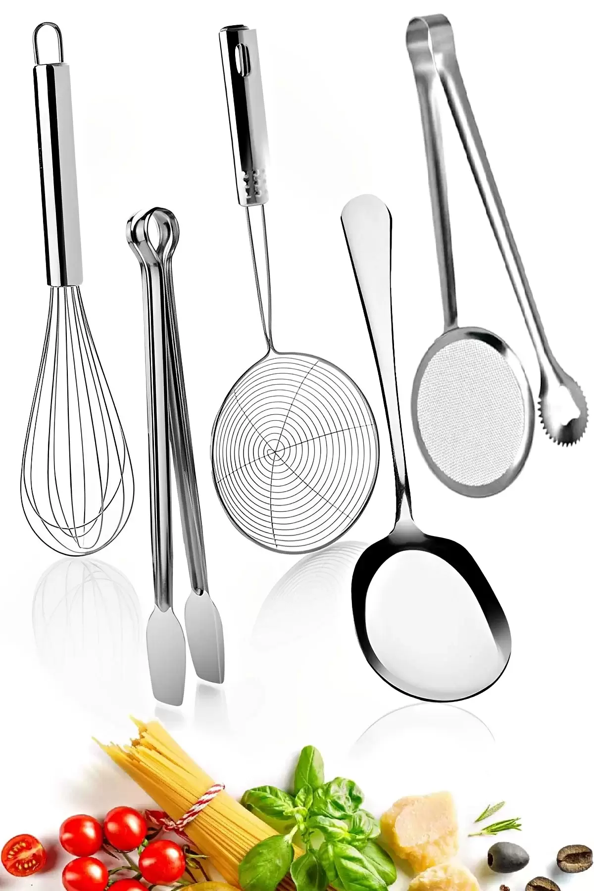 5li Pratik Çörek Yağ Maşası Izgara Maşa Çelik Tel Yumurta Çırpıcısı Metal Kevgir Servis Kaşığı Seti
