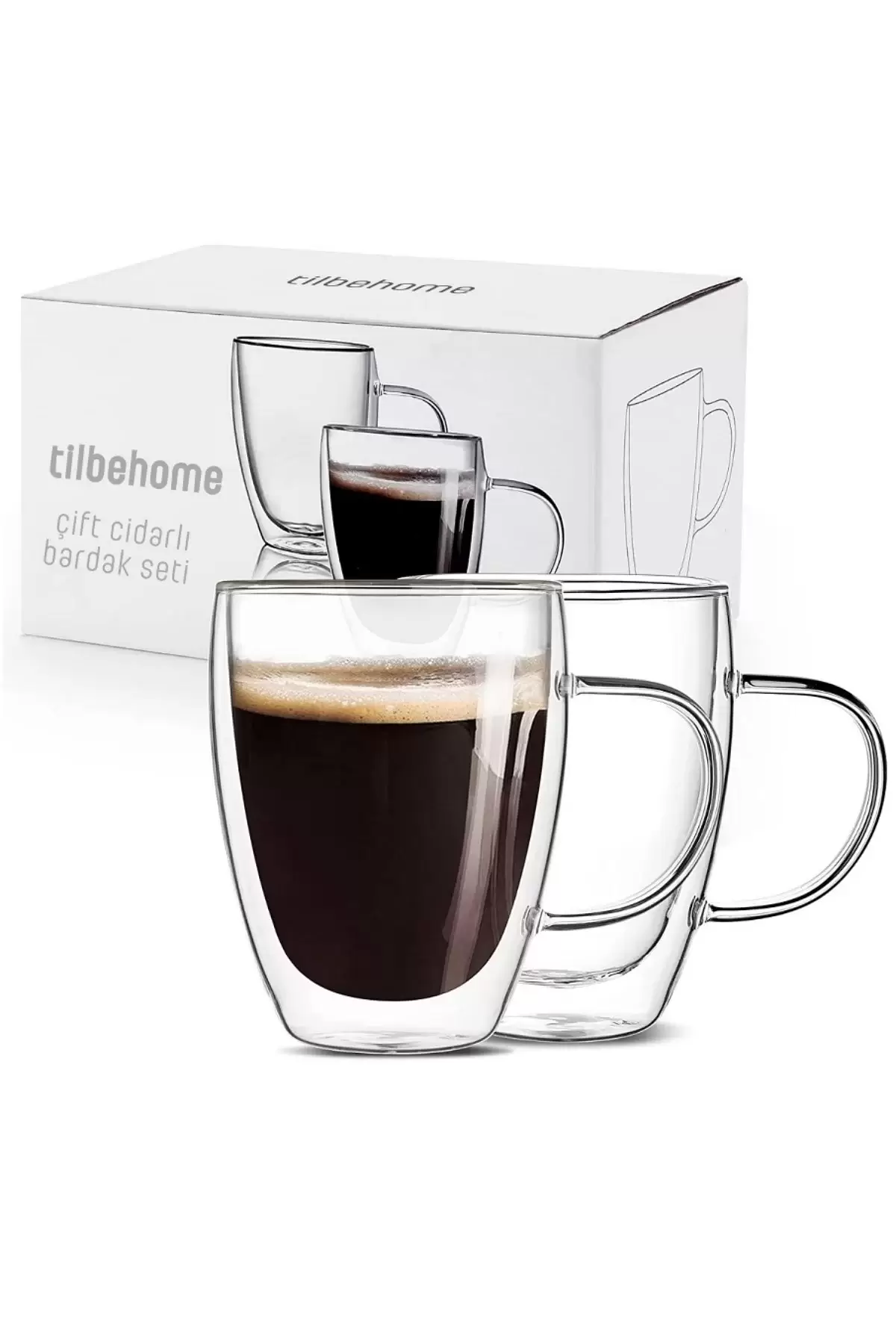 Çift Cidarlı Bardak Kupa 350 ml Ev Ofis Espresso Kahve Çay Fincanı Borosilikat Kulplu Cam Bardak