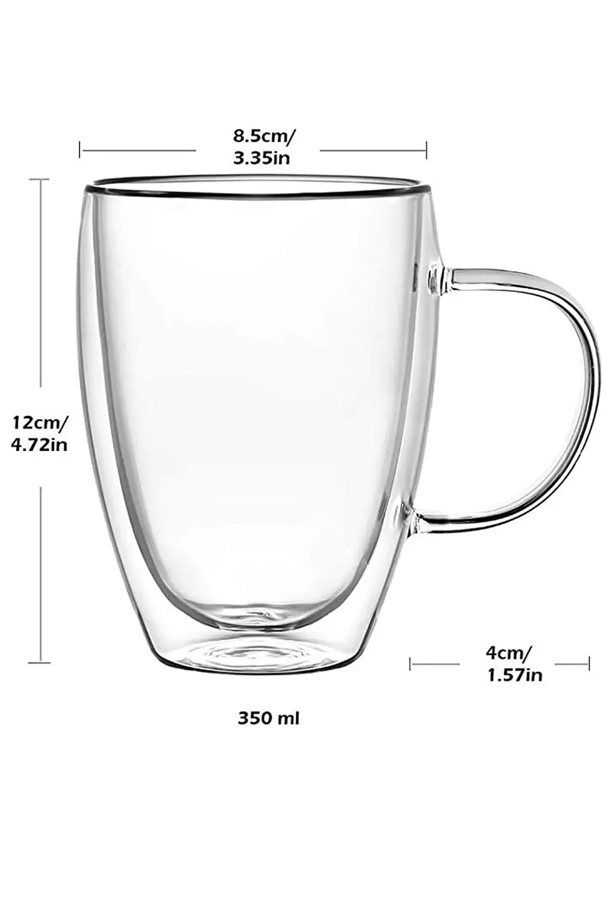 Çift Cidarlı Bardak Kupa 350 ml Ev Ofis Espresso Kahve Çay Fincanı Borosilikat Kulplu Cam Bardak