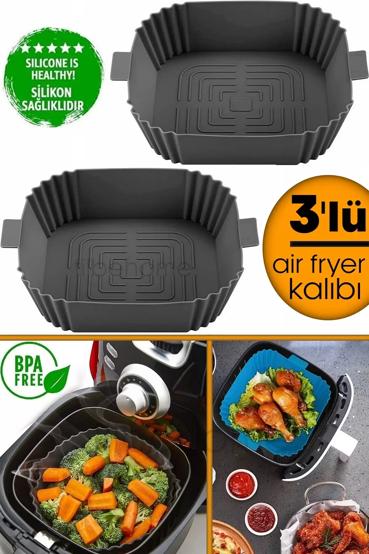 3lü Silikon Air Fryer Pişirme Kalıbı Premium Kare Fırın Mikrodalga Hava Fritözü Pişirme Kağıdı