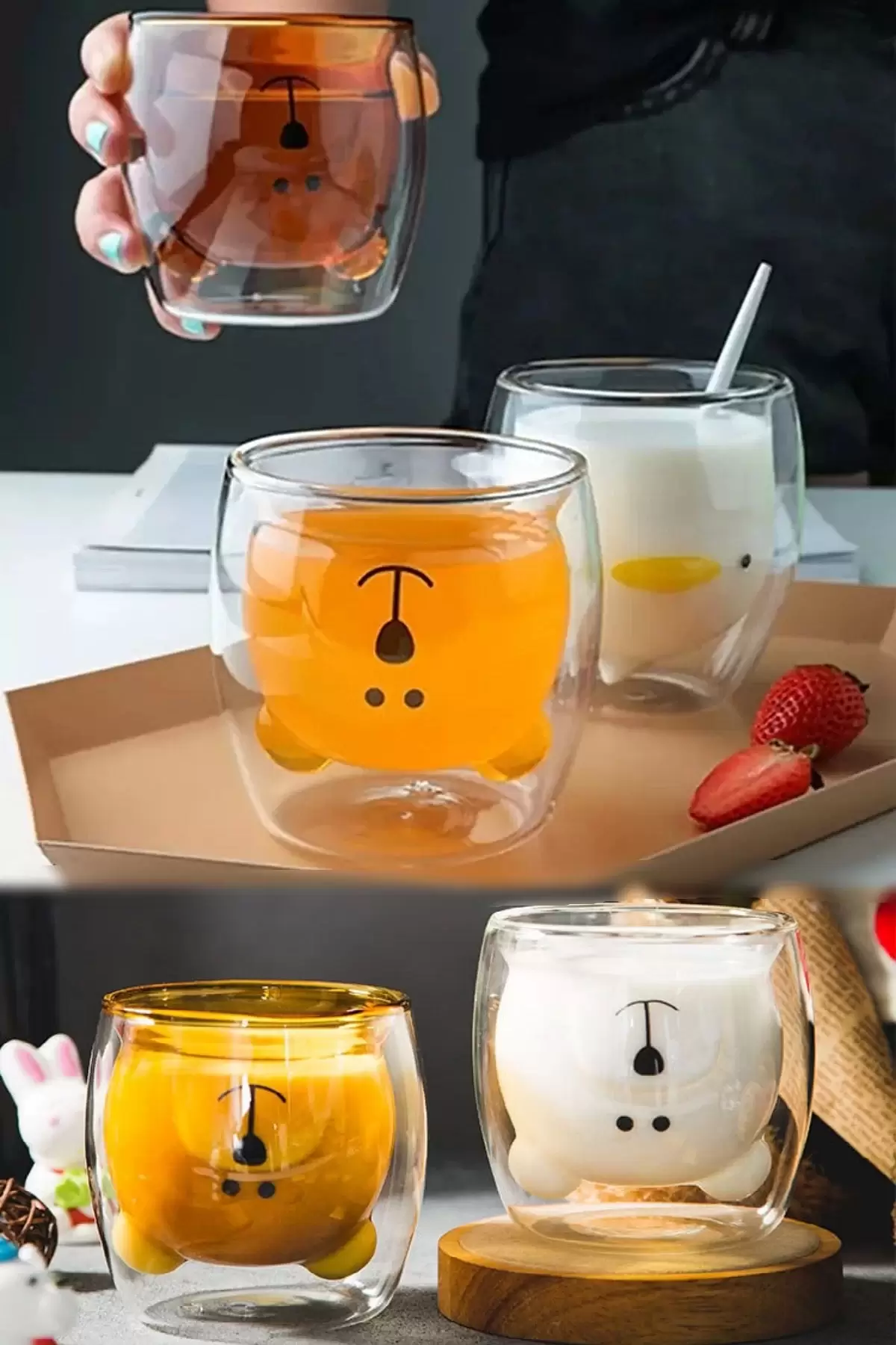 Sevimli Ayıcık Çift Camlı Cidarlı Süt Çay Kahve Su Kupa Bardağı 250ml Ev Ofis Isı Yalıtımlı Bardak