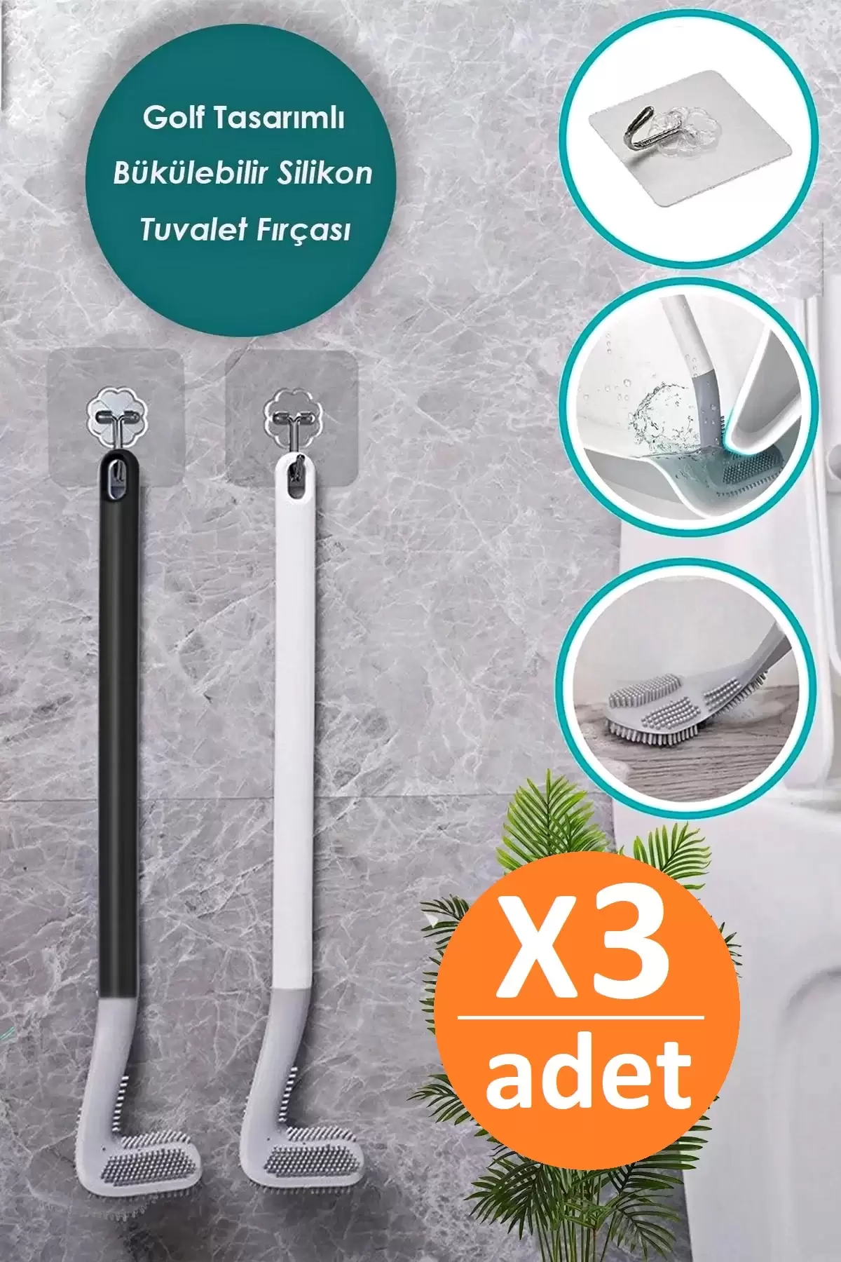 3 Adet Golf Tuvalet Fırçası Bükülebilir Duvara Monte Silikon Wc Klozet Banyo Küvet Temizlik Fırçası