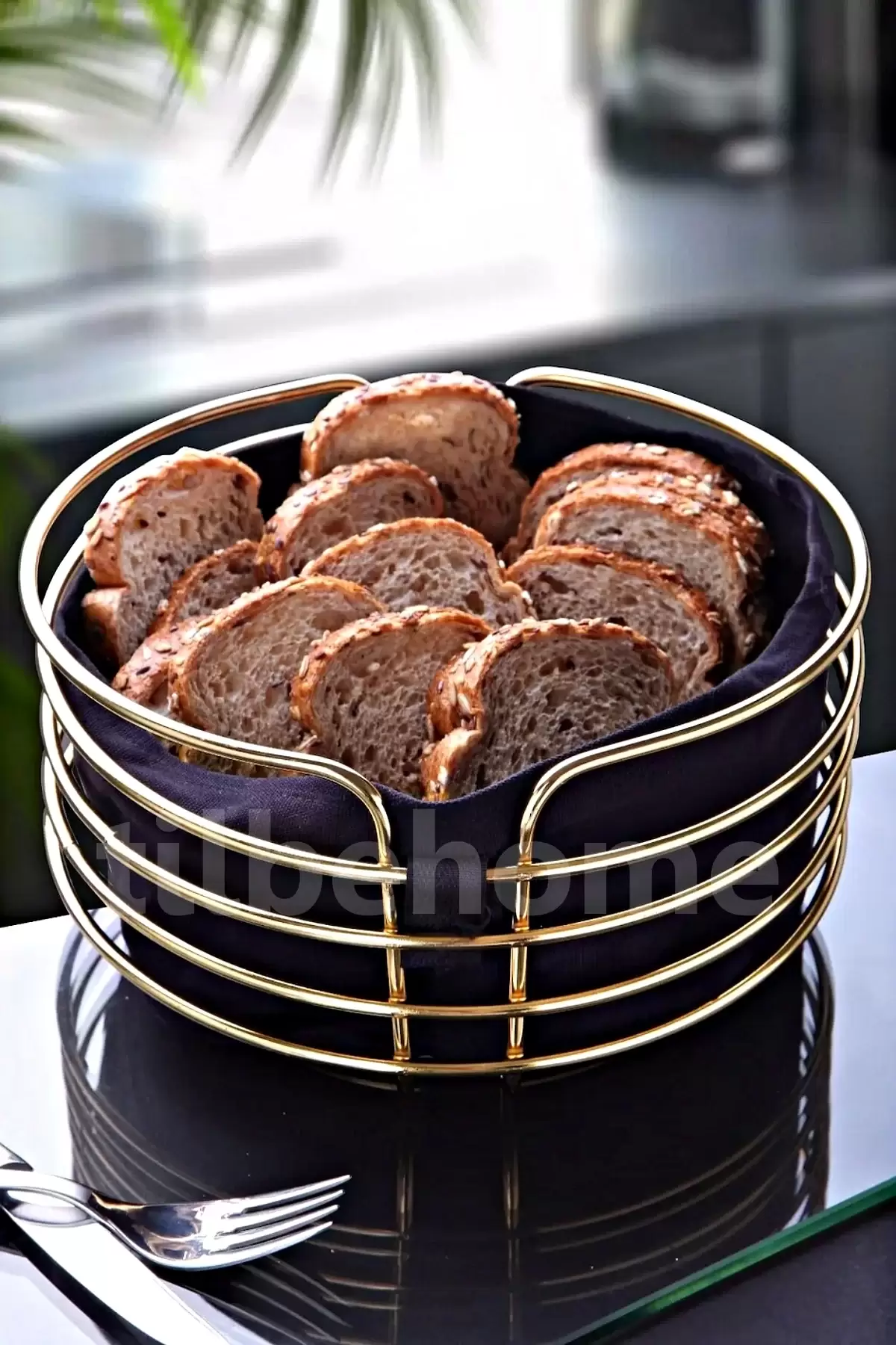 Lüx Gold Ekmeklik Paslanmaz Krom Sofra Ekmek Sepeti Ergonomik Şeritli Oval Kutu Yıkanır Siyah Kumaş