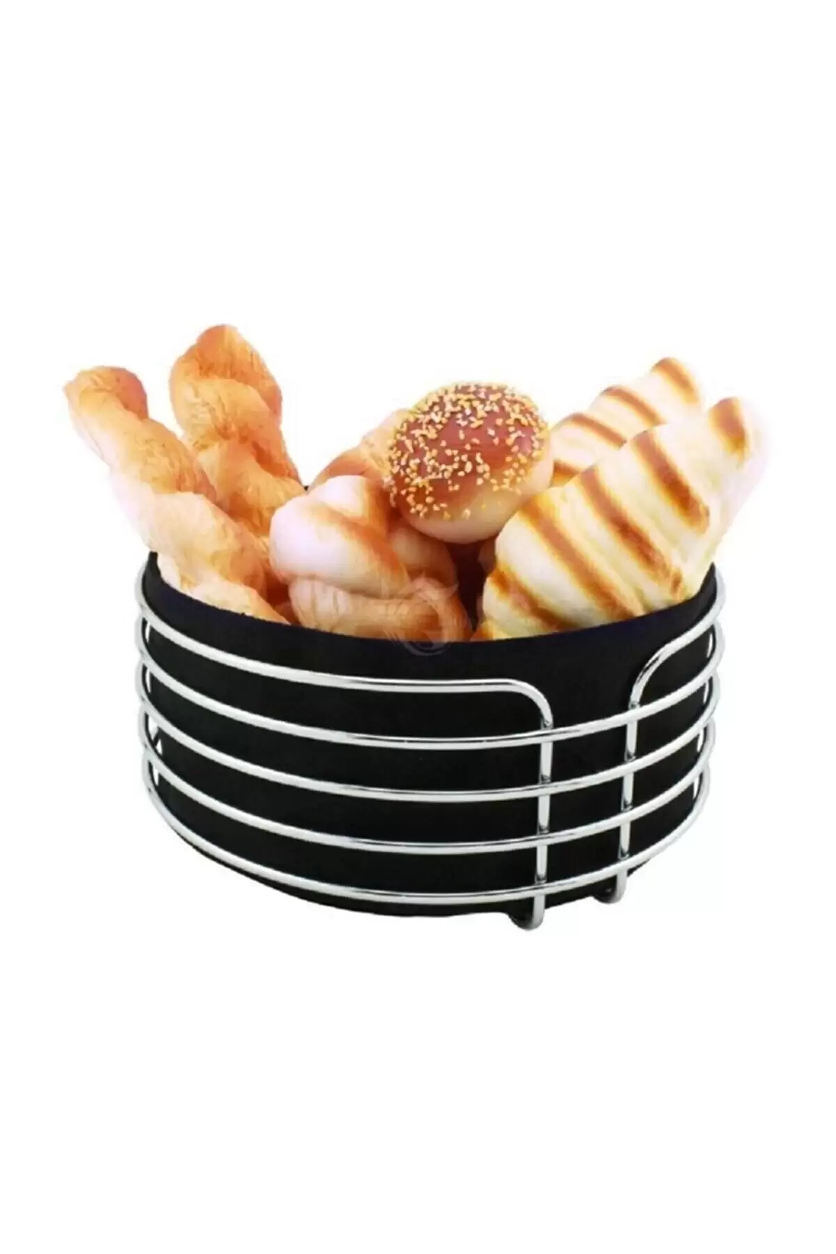 Metal Ekmeklik Paslanmaz Krom Şeritli Siyah Kumaş Yuvarlak Ekmeklik Ekmek Sepeti