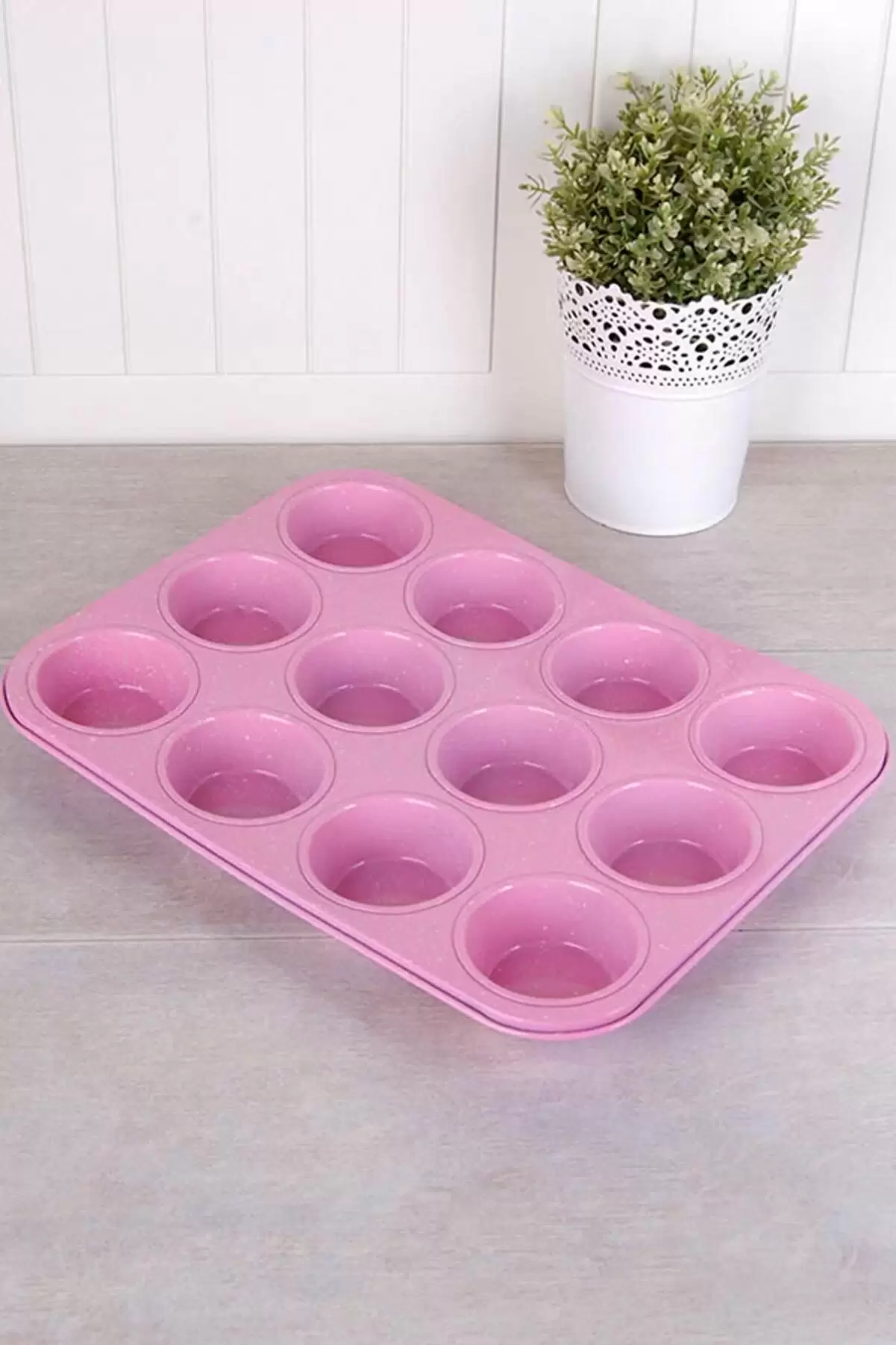 Muffin Kalıbı 12li Kek Kurabiye Cupcake Muffin Kalıbı Fırın Kapsül Tepsisi Granit Kaplama Pembe