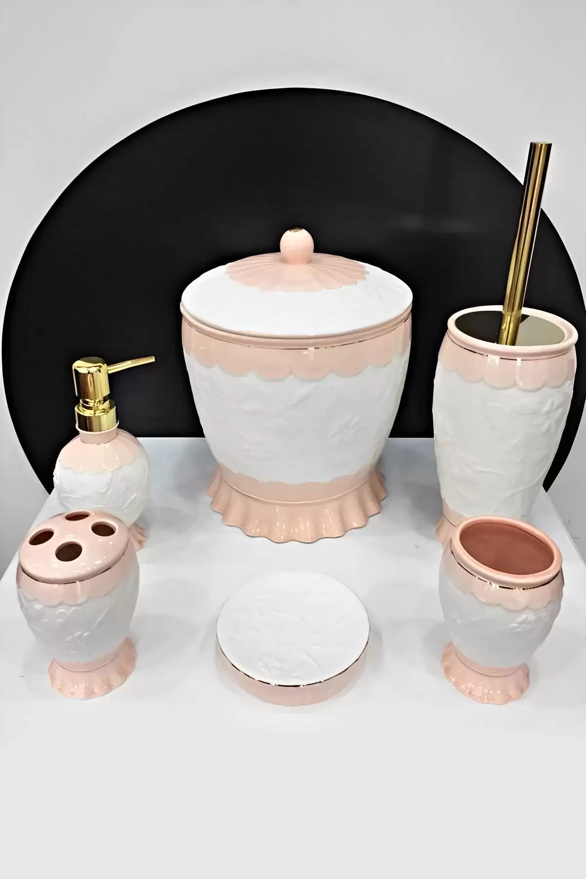 Creativ 6lı Porselen Banyo Seti Wc Fırçası Katı Sıvı Sabunluk Diş Macunluk Fırçalık Çöp Kovası Seti