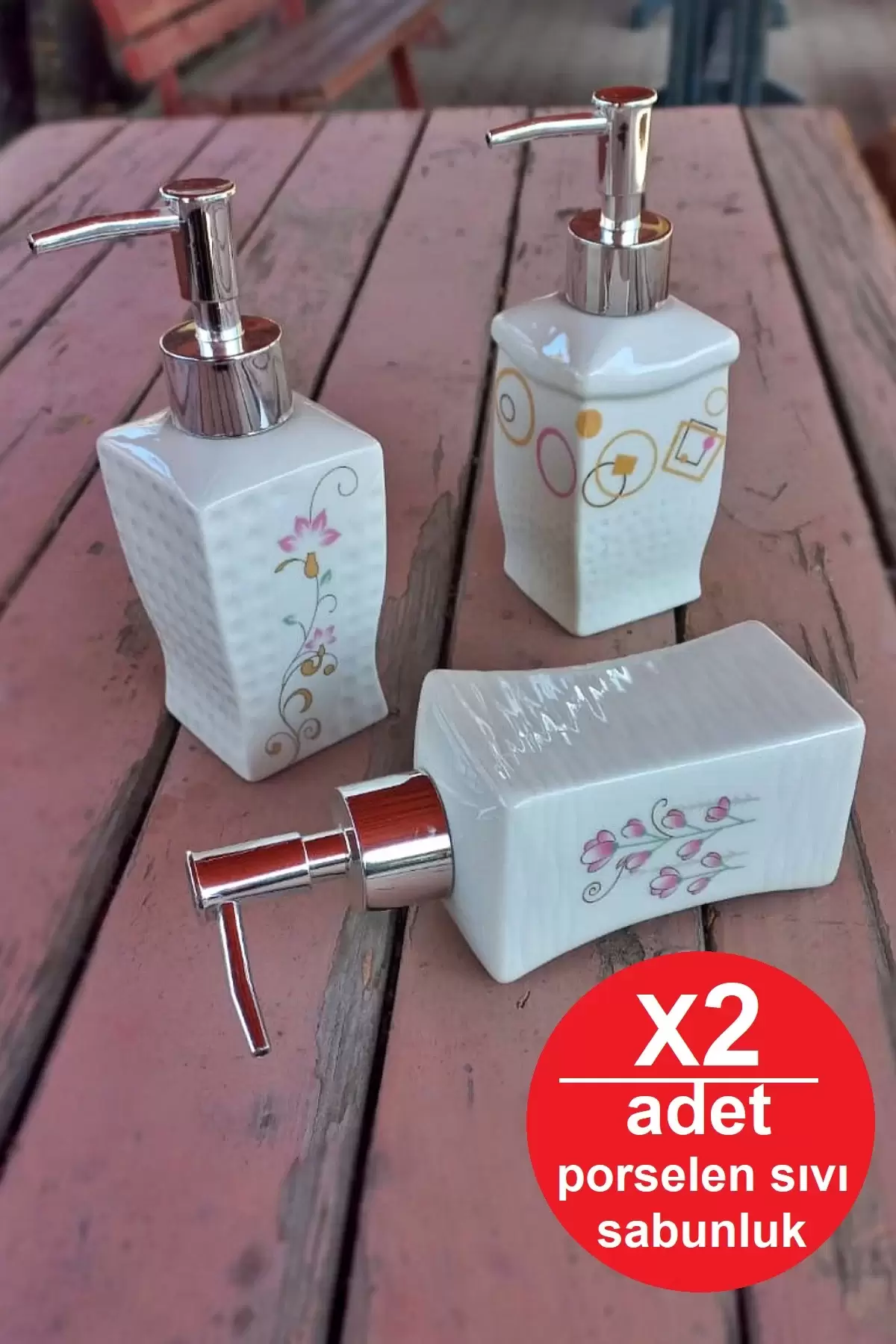 2 Adet Porselen Sıvı Sabunluk Lüx Banyo Lavabo Sıvı El Sabunluğu Basmalı Beryaz Renkli Desenli Set
