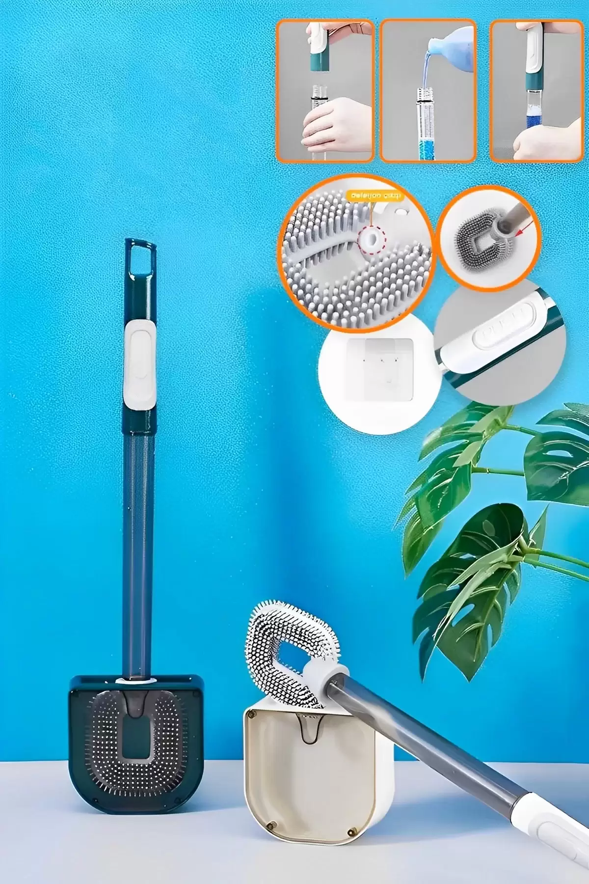 Tuvalet Fırçası Deterjan Hazneli Bükülebilir Duvara Monte Silikon Wc Klozet Banyo Temizlik Fırçası