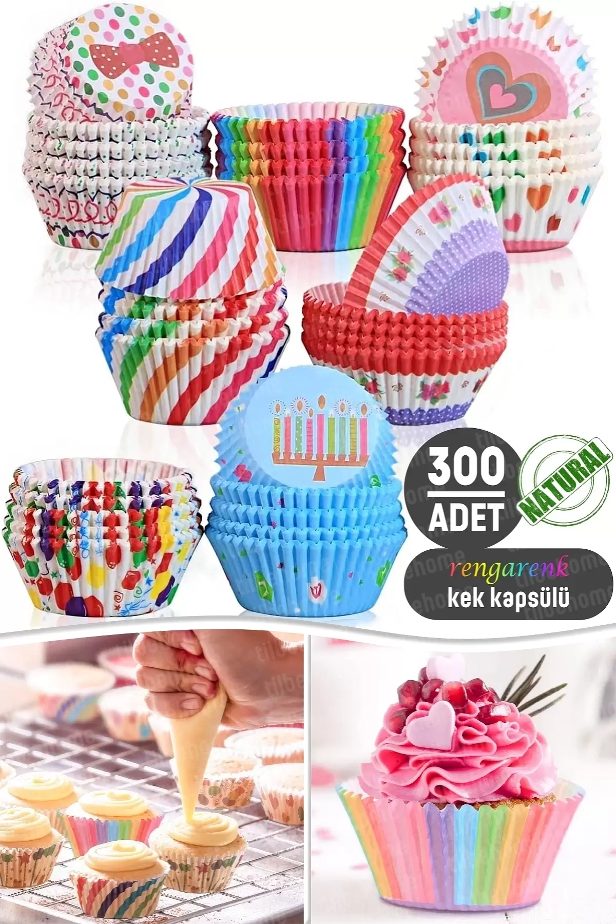 300lü Büyük Boy Muffin Kek Kapsülü Mini Muffin Kağıdı Cupcake Browni Kek Kalıbı Renkli Yapışmaz Set