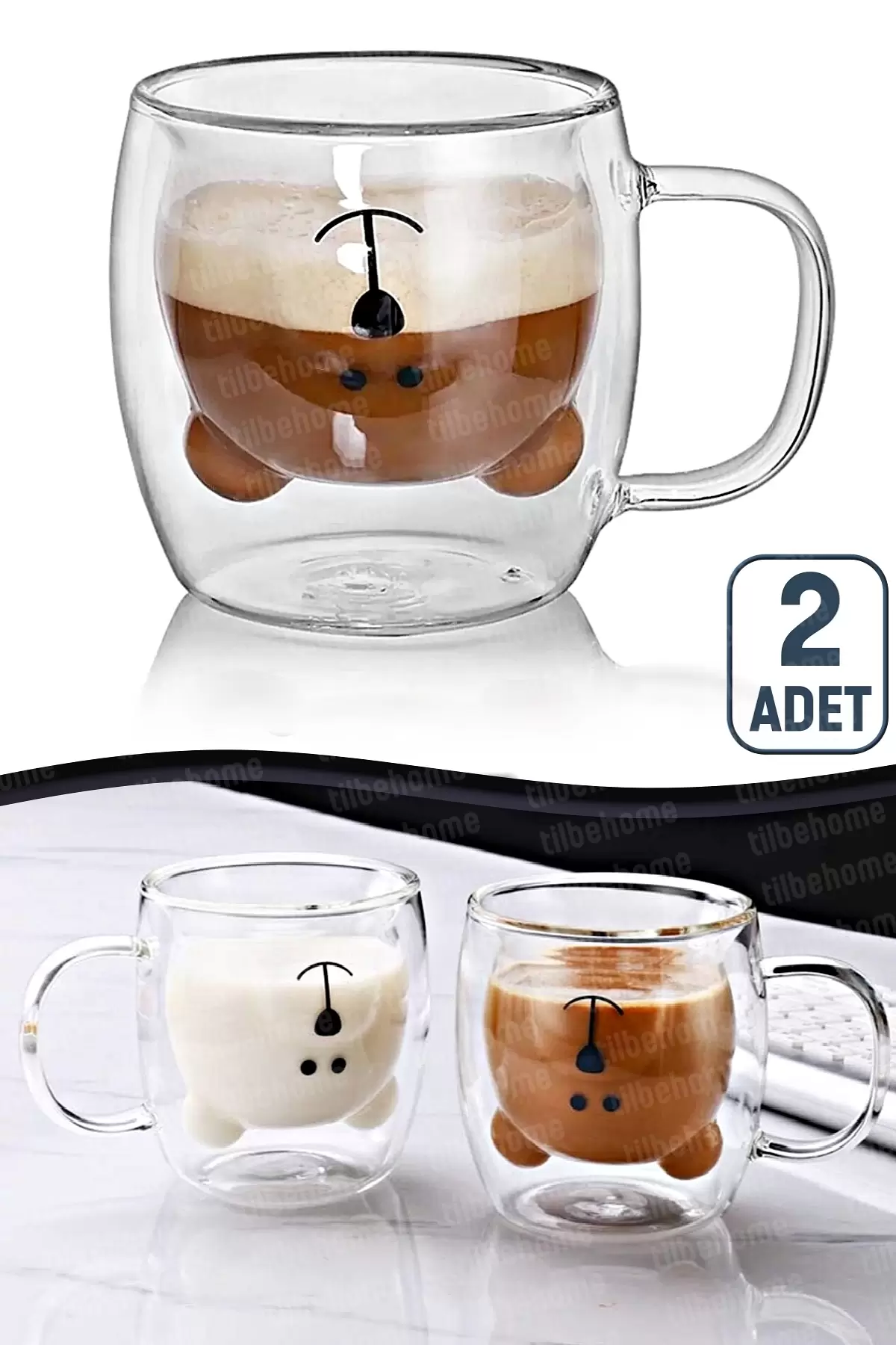 2li Çift Cidarlı Süt Çay Kahve Su Bardağı Sevimli Ayıcık Figürlü Kulplu Isıya Dayanıklı Kupa Bardak