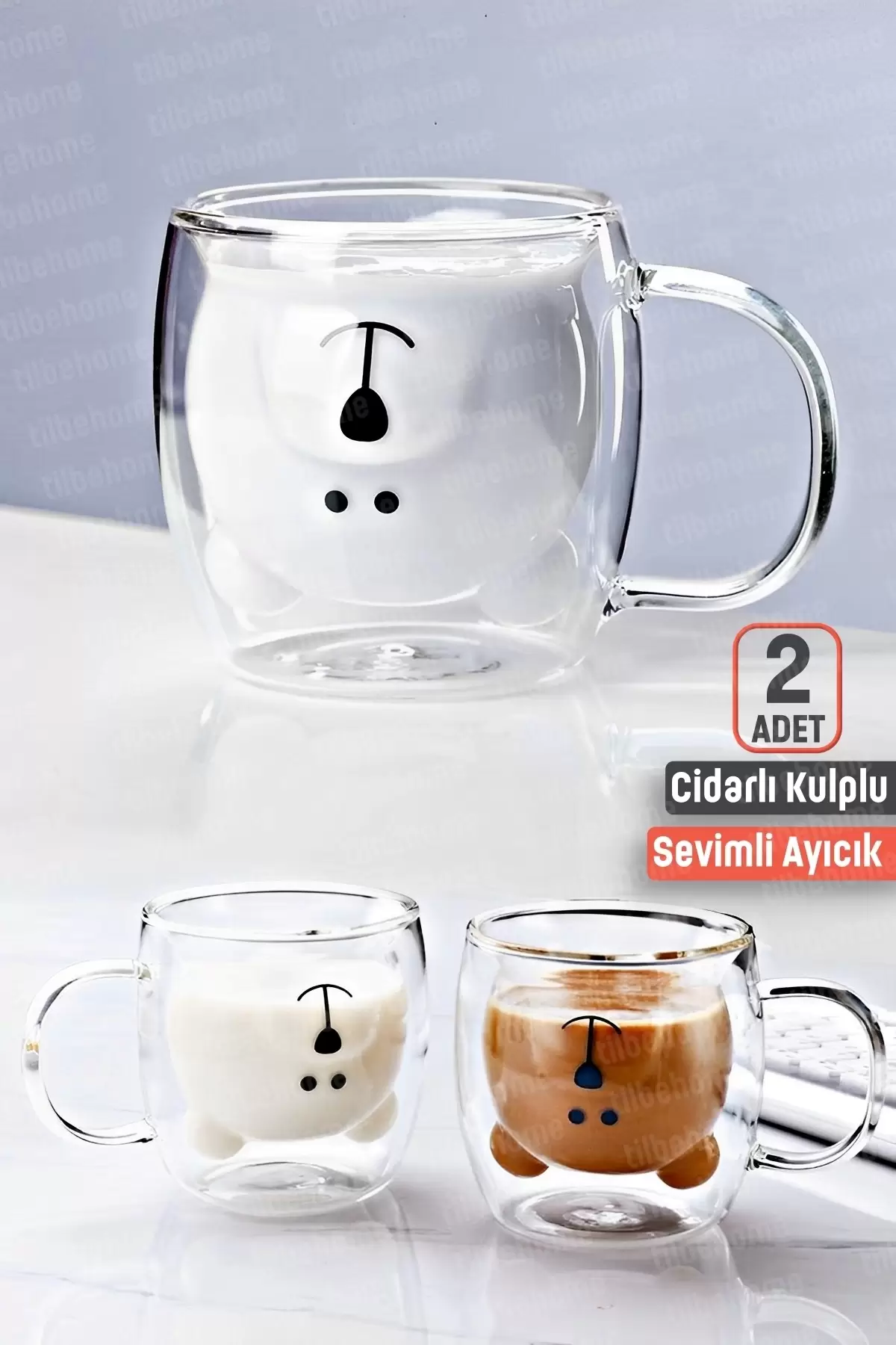 2li Çift Cidarlı Süt Çay Kahve Su Bardağı Sevimli Ayıcık Figürlü Kulplu Isıya Dayanıklı Kupa Bardak