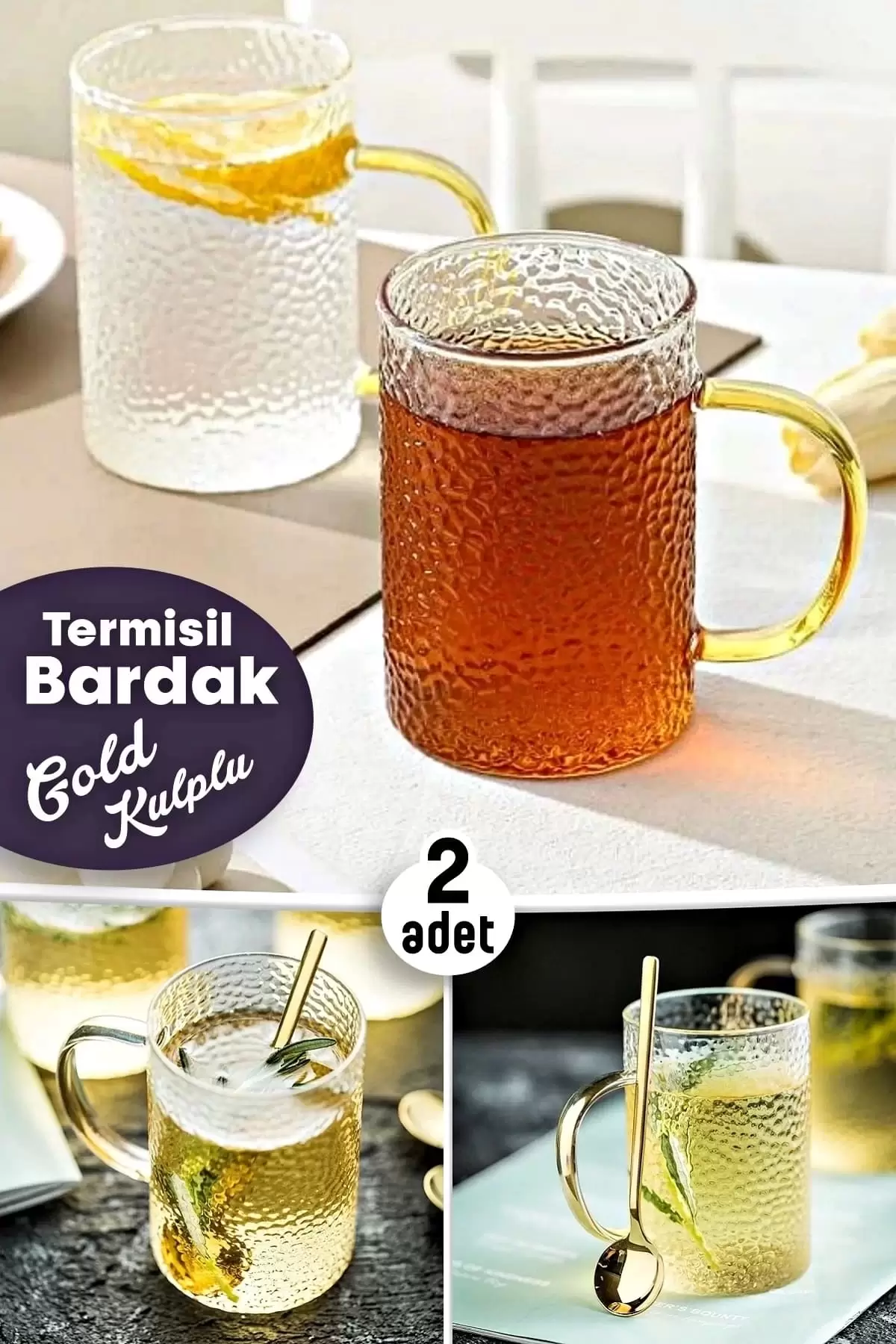 2li Gold Kulplu Desenli Stil Bardak Termisil Noktalı Çay Süt Kahve Kupası Sunum Bardağı Seti