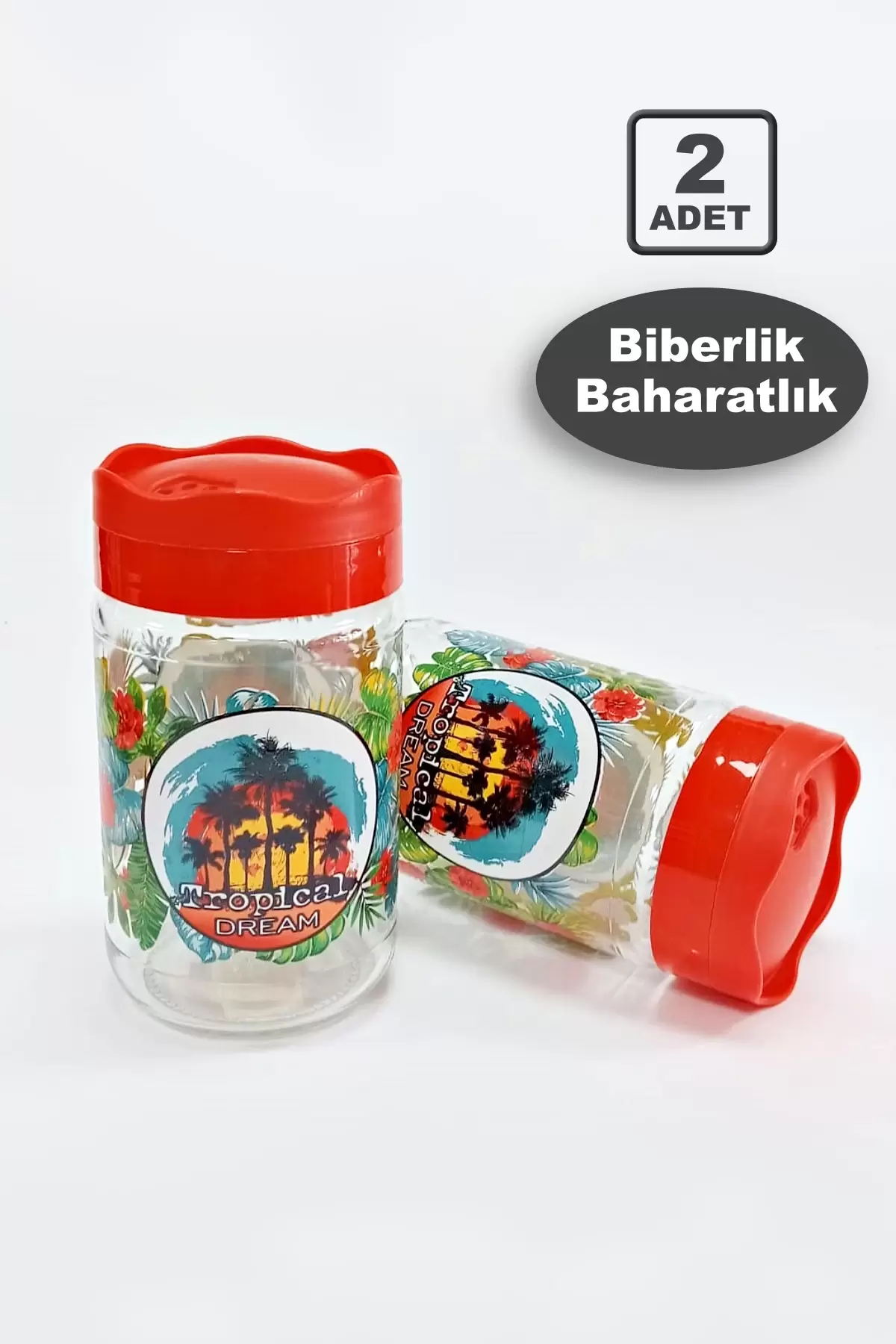 2li Cam Tuzluk & Pul Biberlik Tropikal Desenli Renkli Kapaklı Sızdırmaz Baharatlık Seti