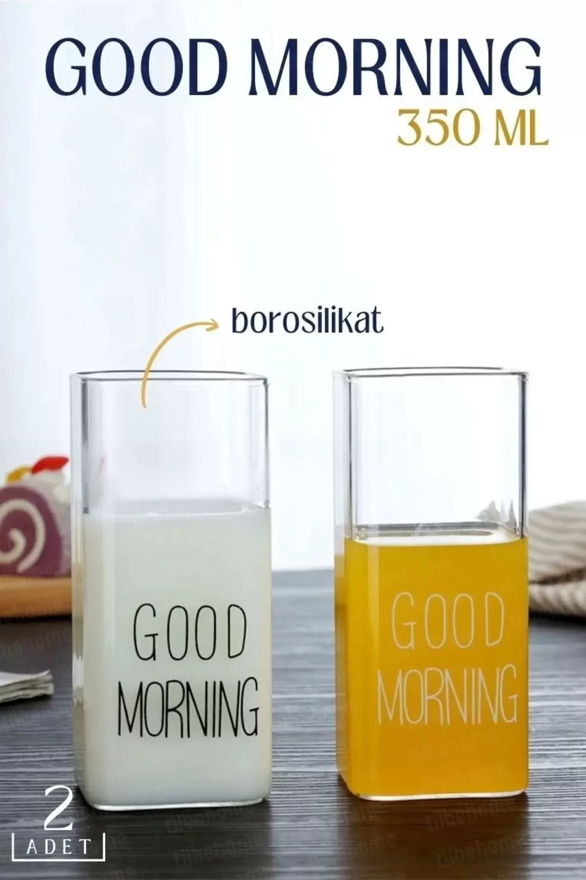2li Good Morning Dikdörtgen Isıya Dayanıklı Trend Cam Bardak Meyve Suyu Kahve Sunum Bardağı