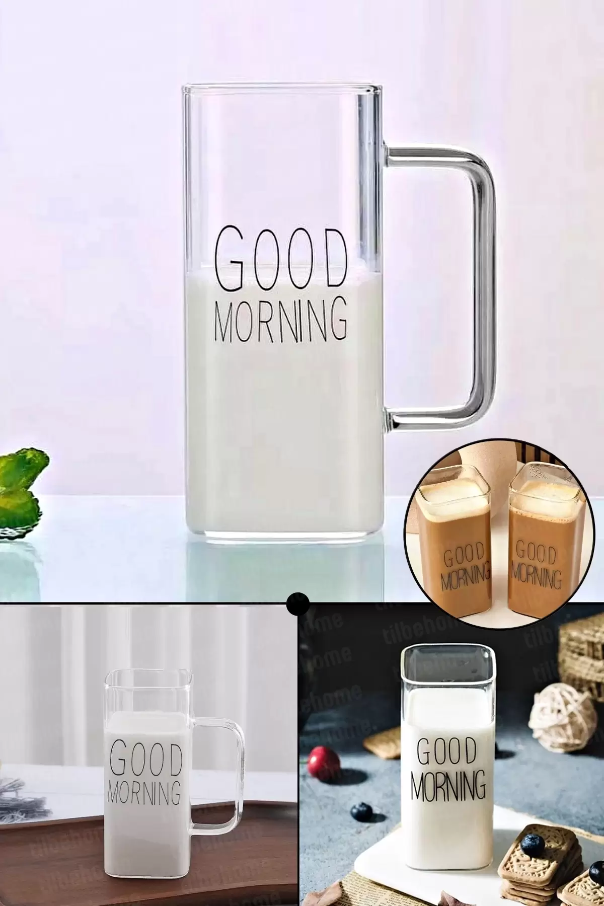 Good Morning Isıya Dayanıklı Trend Kulplu Dikdörtgen Cam Bardak Meyve Suyu Kahve Sunum Bardağı