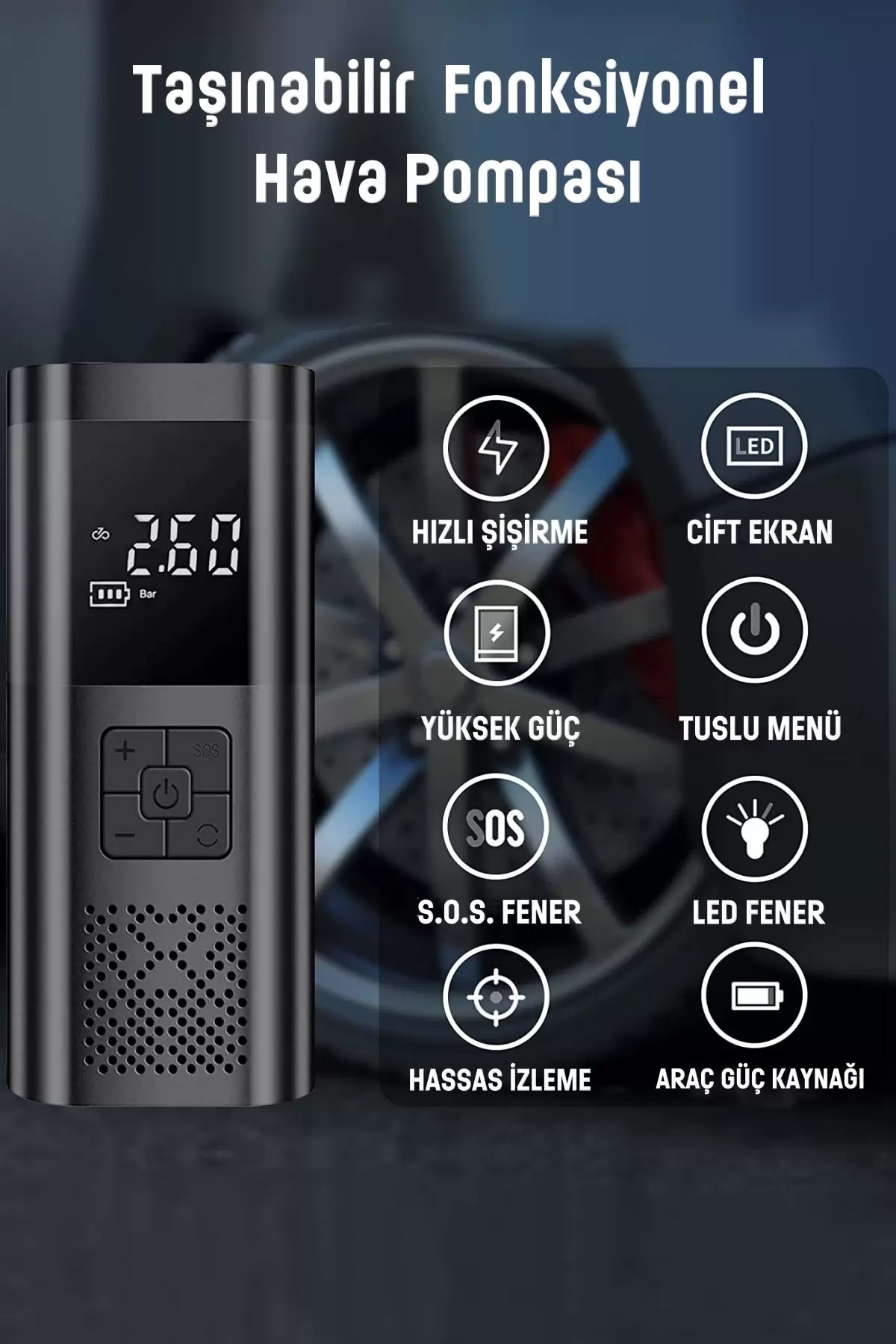 Taşınabilir Lastik Hava Pompası 150 Psi 6000mAh Kablolu Şarjsız LED Fenerli 5 Uçlu Oto Kompresörü