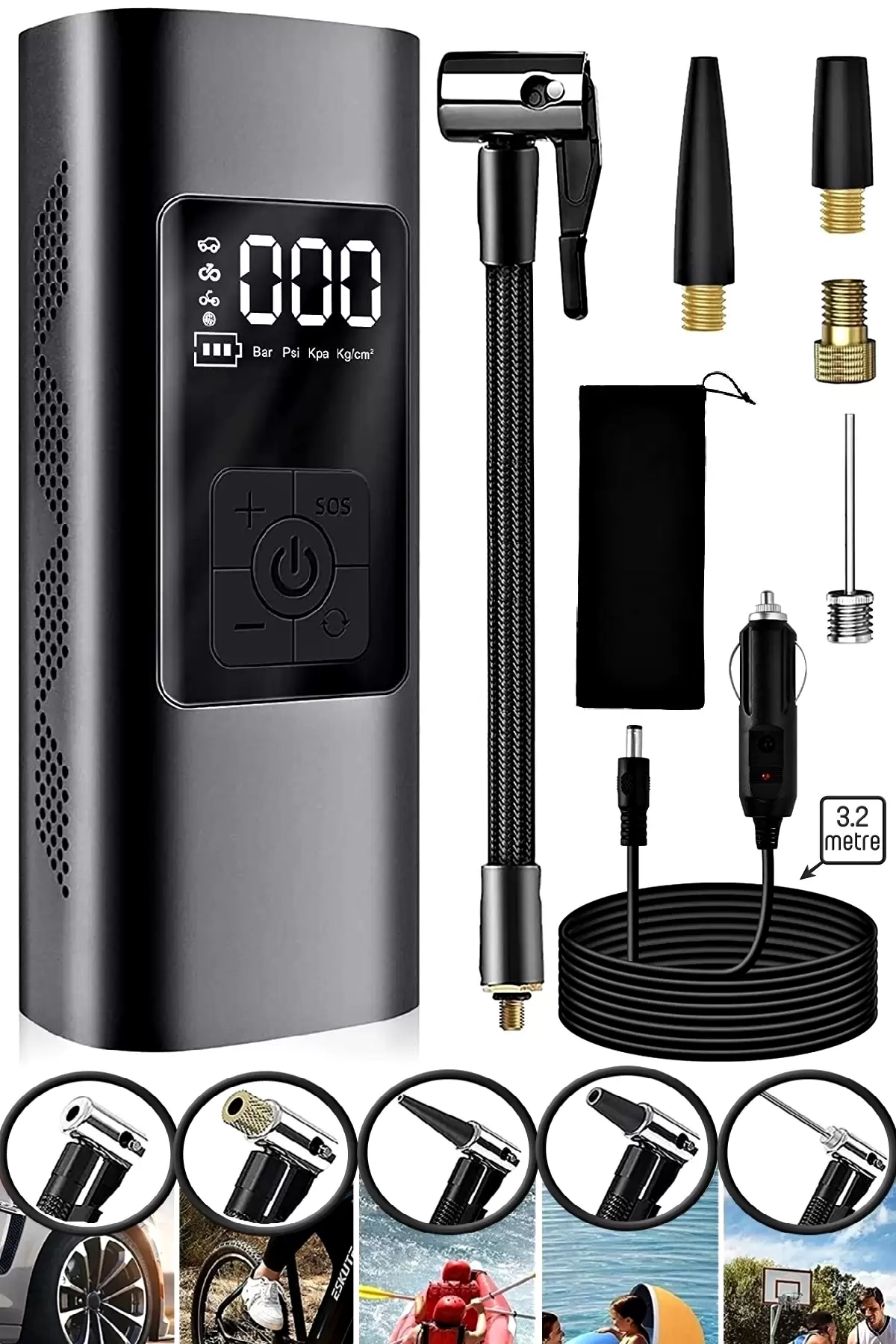 Taşınabilir Lastik Hava Pompası 150 Psi 6000mAh Kablolu Şarjsız LED Fenerli 5 Uçlu Oto Kompresörü