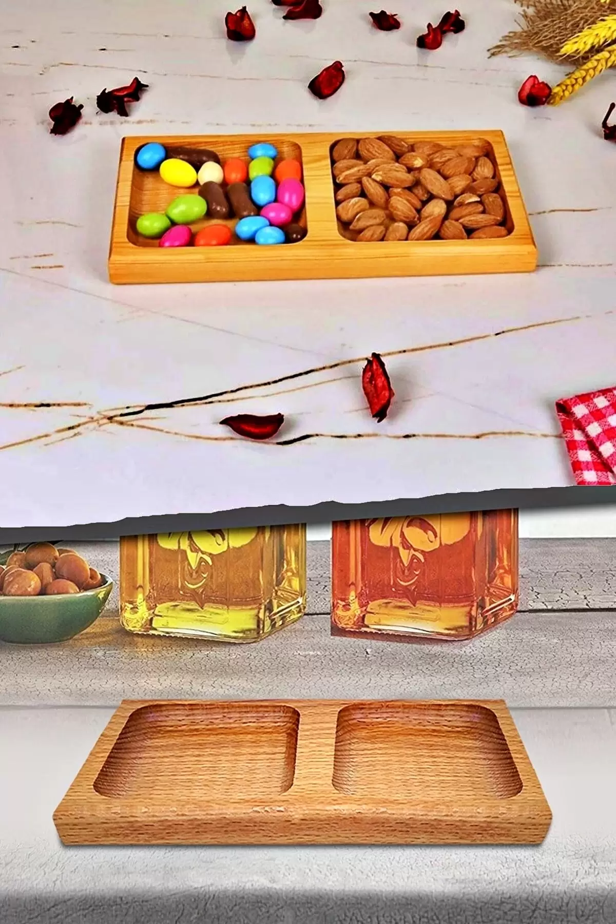Doğal Ahşap Yağdanlık & Sirkelik Standı Kare Tabanlı Özel 2 Bölmeli Çerezlik Servis Şişe Altlığı