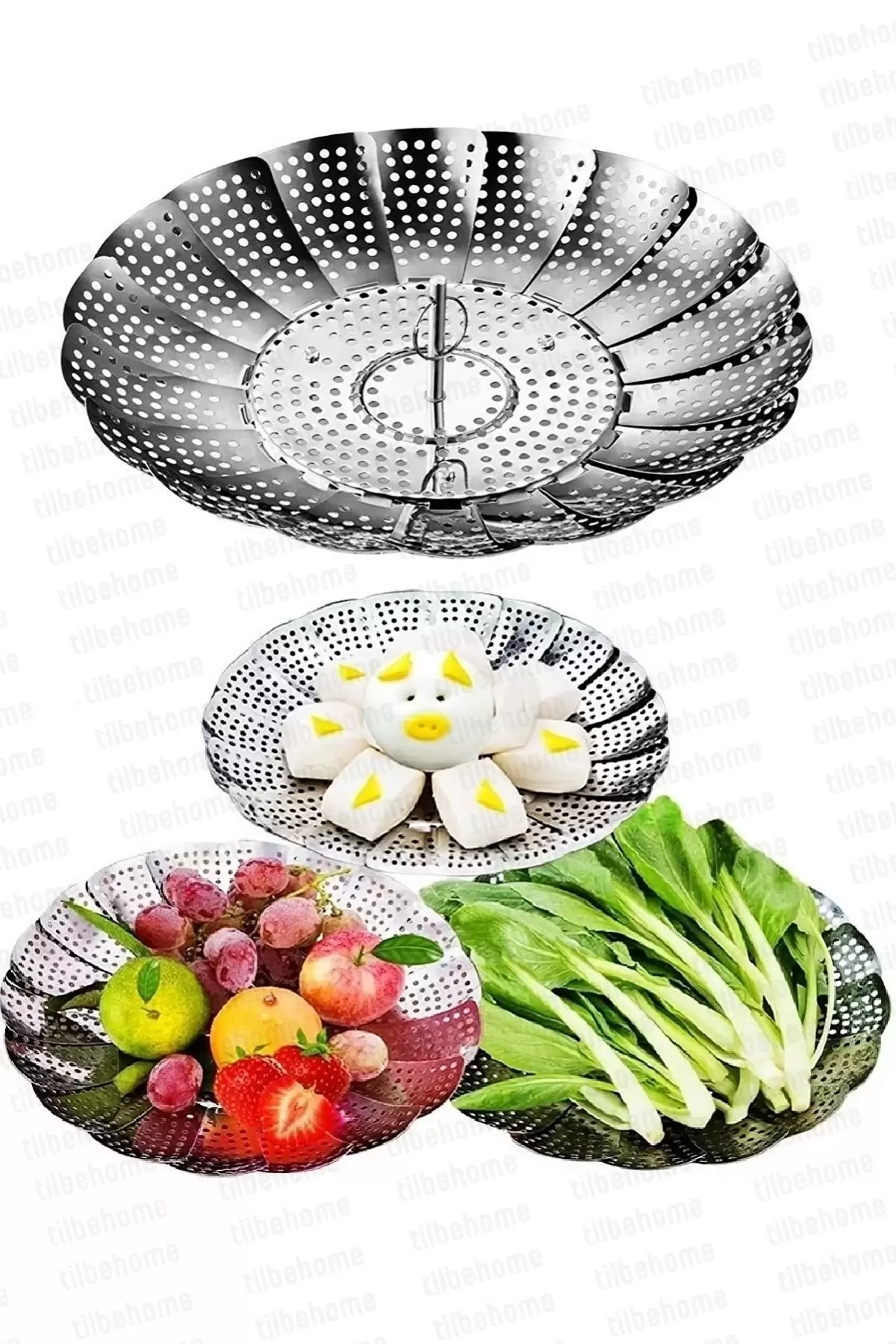 Sebze Haşlama Sepeti Orijinal Paslanmaz Çelik Buharda Pişirme Süzgeci Pişirici Haşlayıcı Tepsi