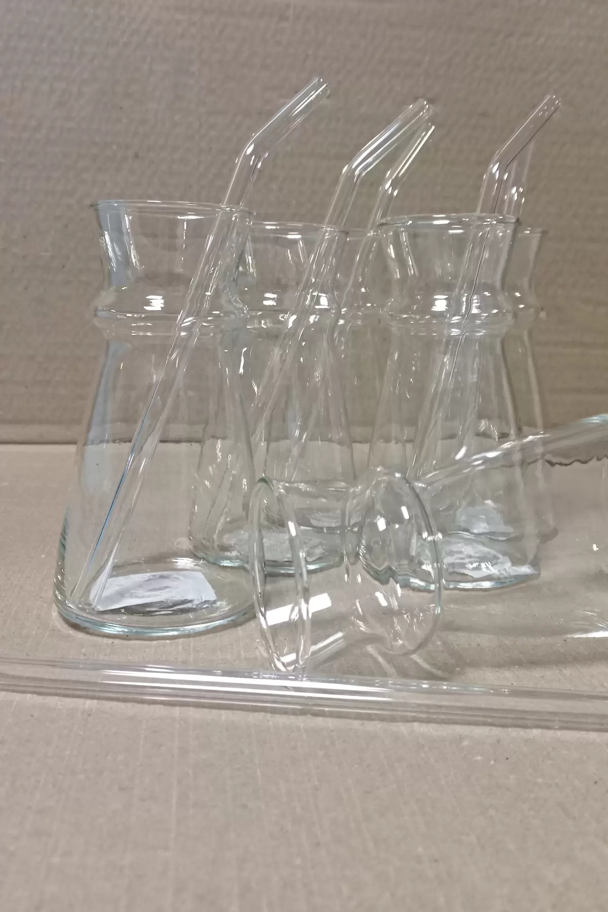 6lı Pipetli Cam Karaf Bardak 300ml Özel El Yapımı Sıcak Soğuk Cam Meşrubat Süt Limonata Bardağı Set
