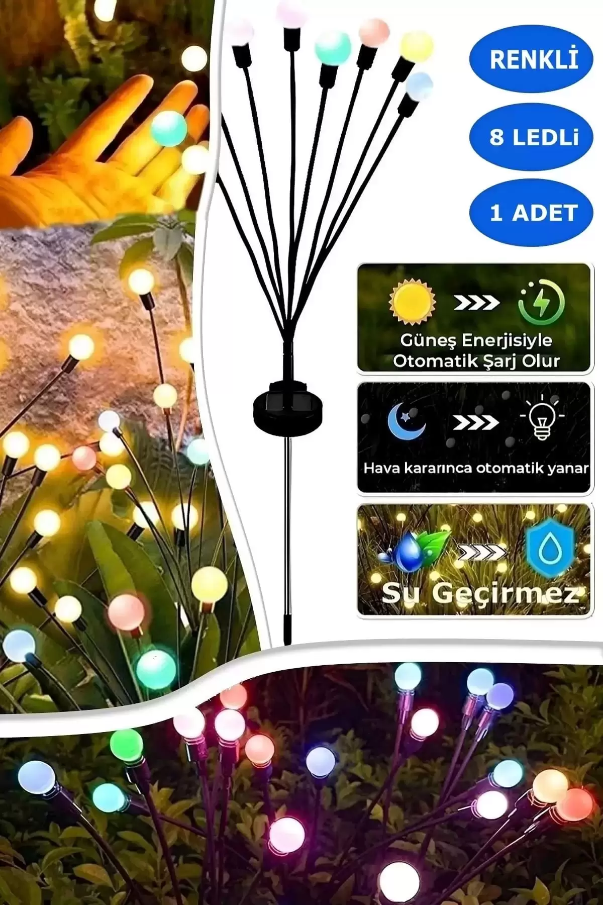 8 Ledli Güneş Enerjili Bahçe Çiti Aydınlatma Lamba Solar Renkli Işık Ateş Böceği Peyzaj Süs Çiçeği