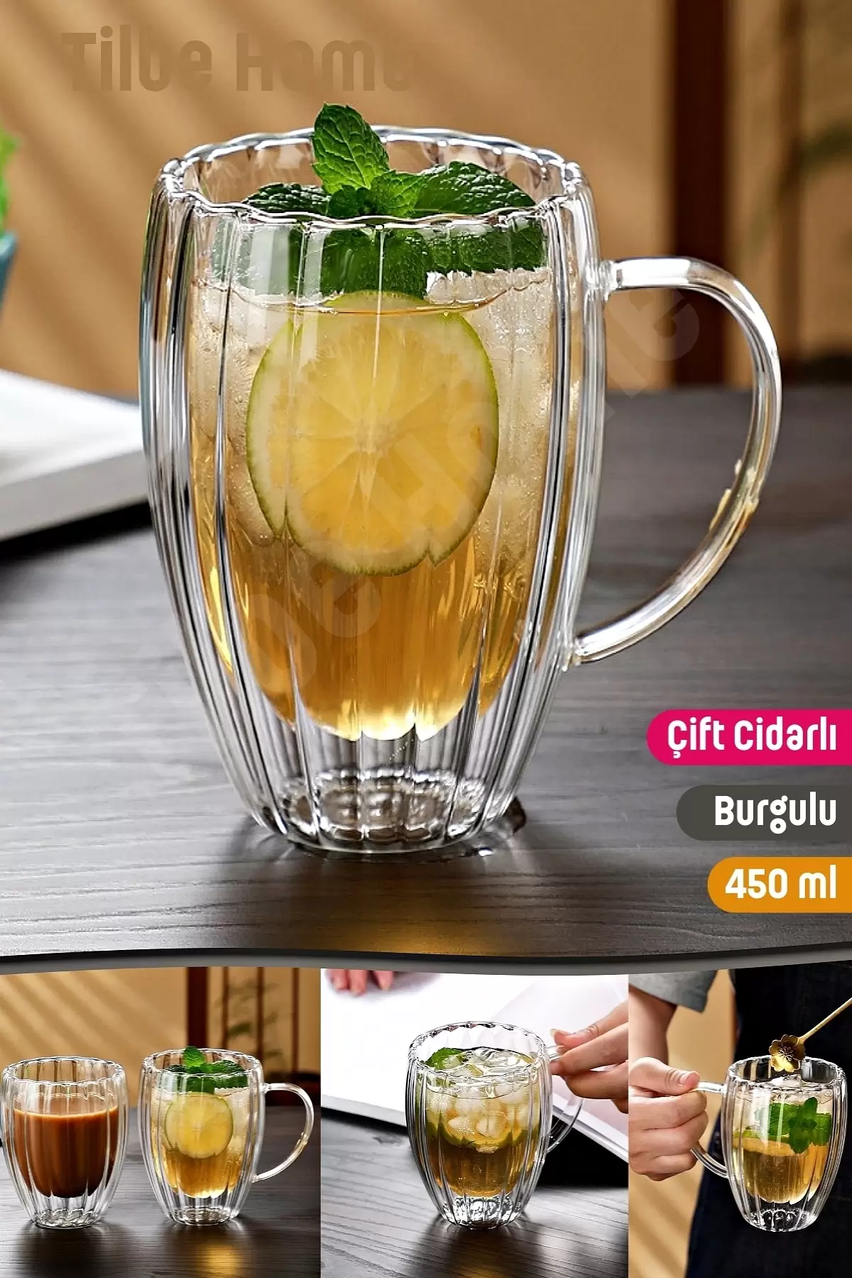 Burgulu Kulplu Origami Borosilikat Cam Bardak Çay Süt Kahve Kupası Sıcak Soğuk Sunum Bardağı 450 ml