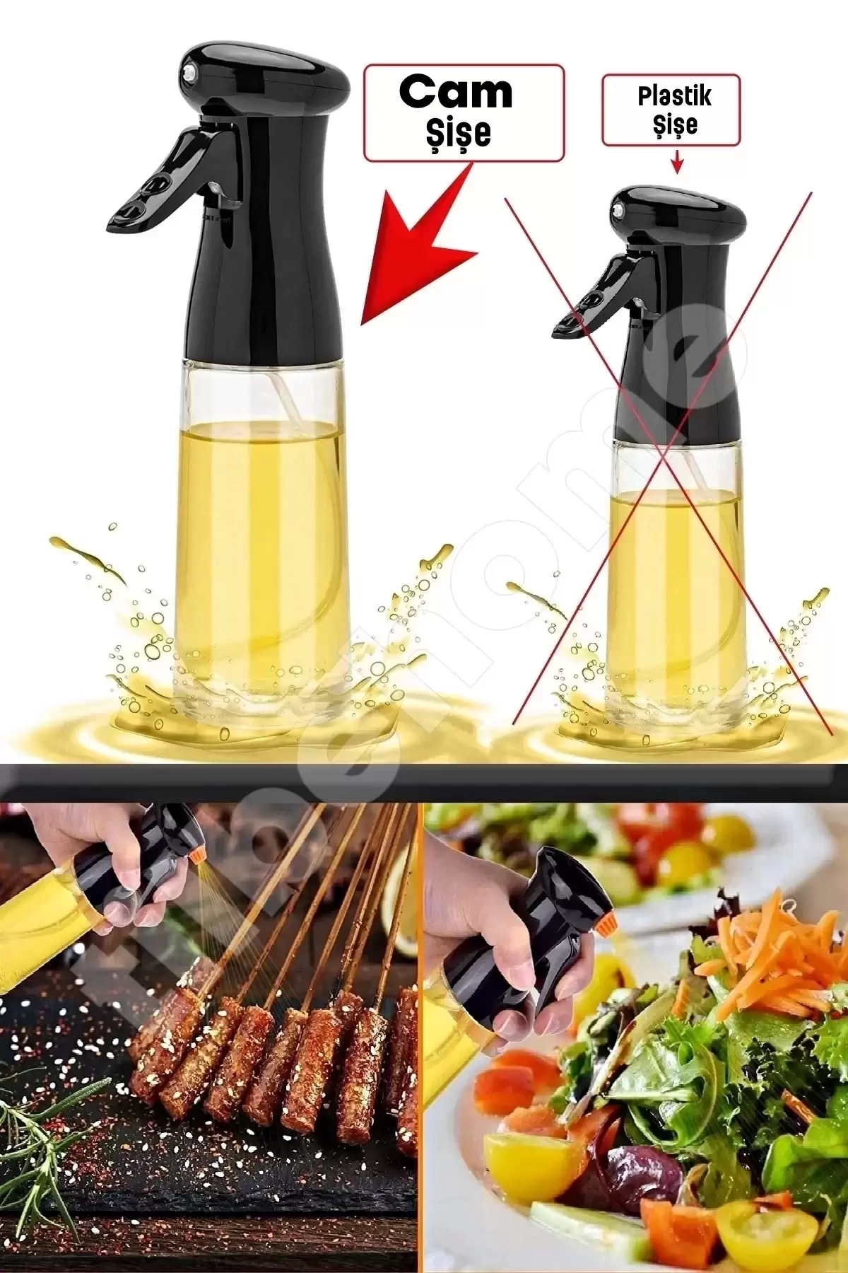 Büyük Sprey Yağdanlık, Airfryer Püskürtmeli Sprey Cam Şişe Ayçiçek Zeytinyağı Sirkelik 200 ml