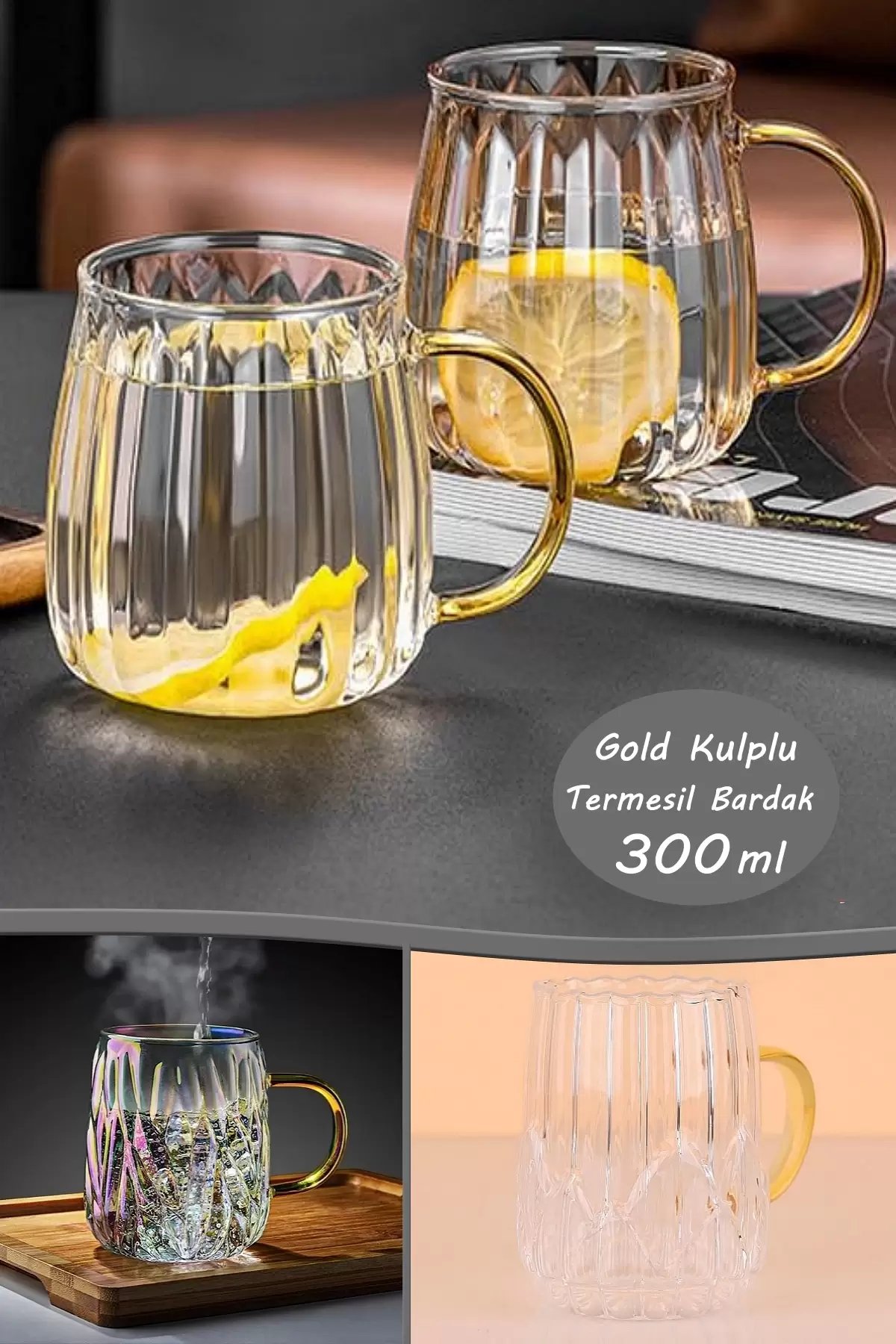 Gold Kulplu Termesil Cam Bardak Borosilikat Çay Kahve Kupası Sıcak Soğuk İçecek Sunum Bardağı 300ml
