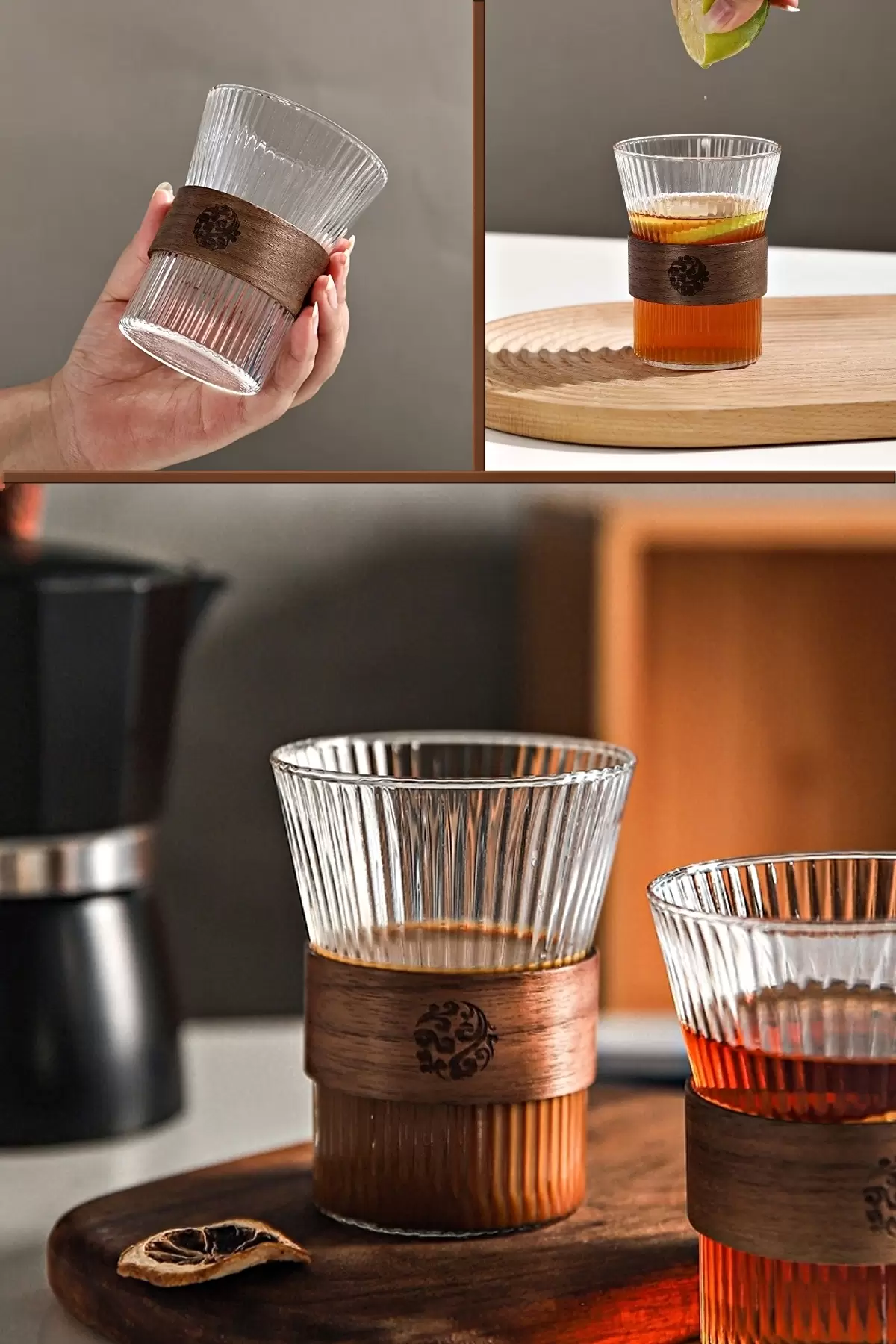 Ahşap Detaylı Origami Cam Bardak Çay Süt Kahve Kupası Sıcak & Soğuk İçecek Sunum Bardağı 350 ml.