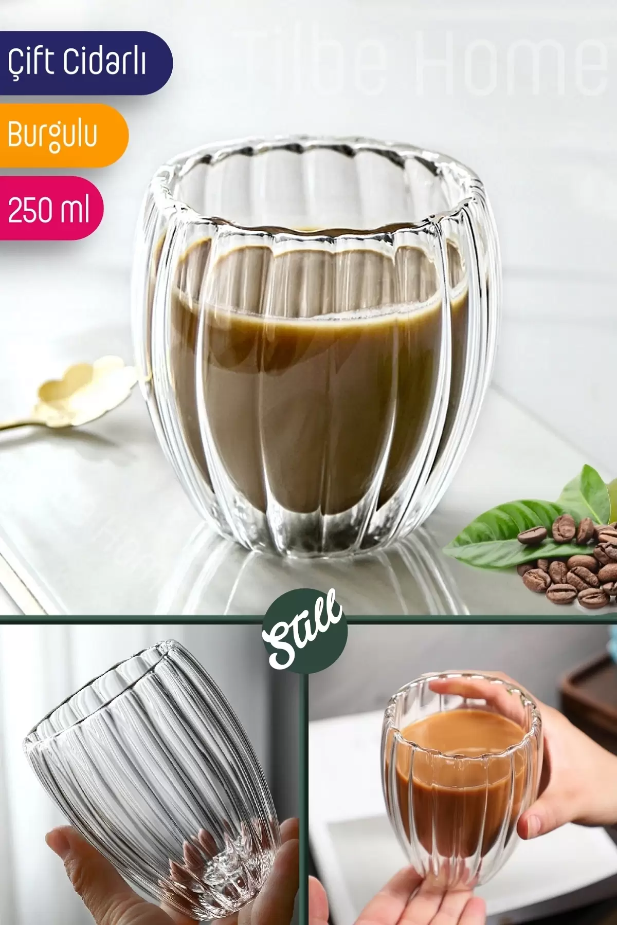 Çift Cidarlı Burgulu Origami Stil Bardak Çay Süt Kahve Kupası Sıcak & Soğuk Sunum Bardağı 250 ml.